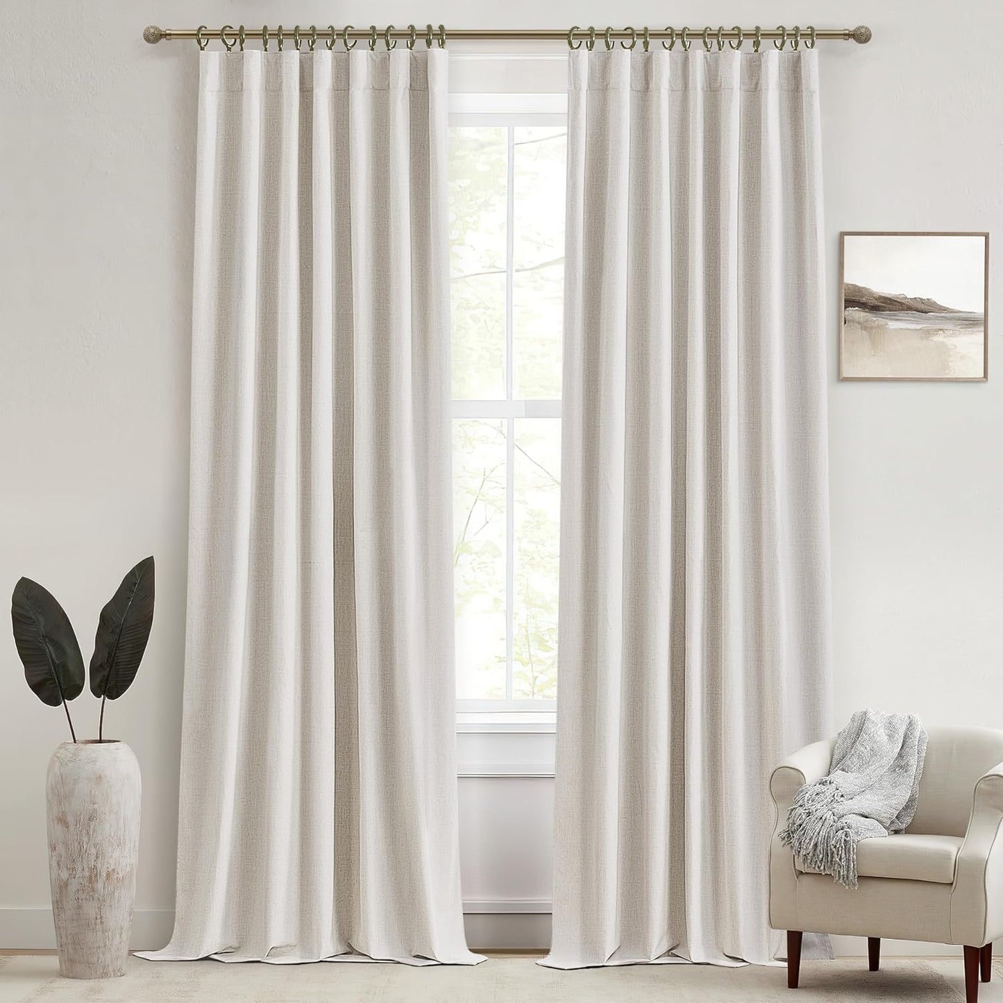 Natural Linen Blackout 92 Inch Bedroom Curtains 2 Panel Sets, Rustic Boho Cream Pleated Ceiling Track Curtain for Dining Room Heat Blocking Privacy Heavy Drape 92 Inches Long Oatmeal Back Tab