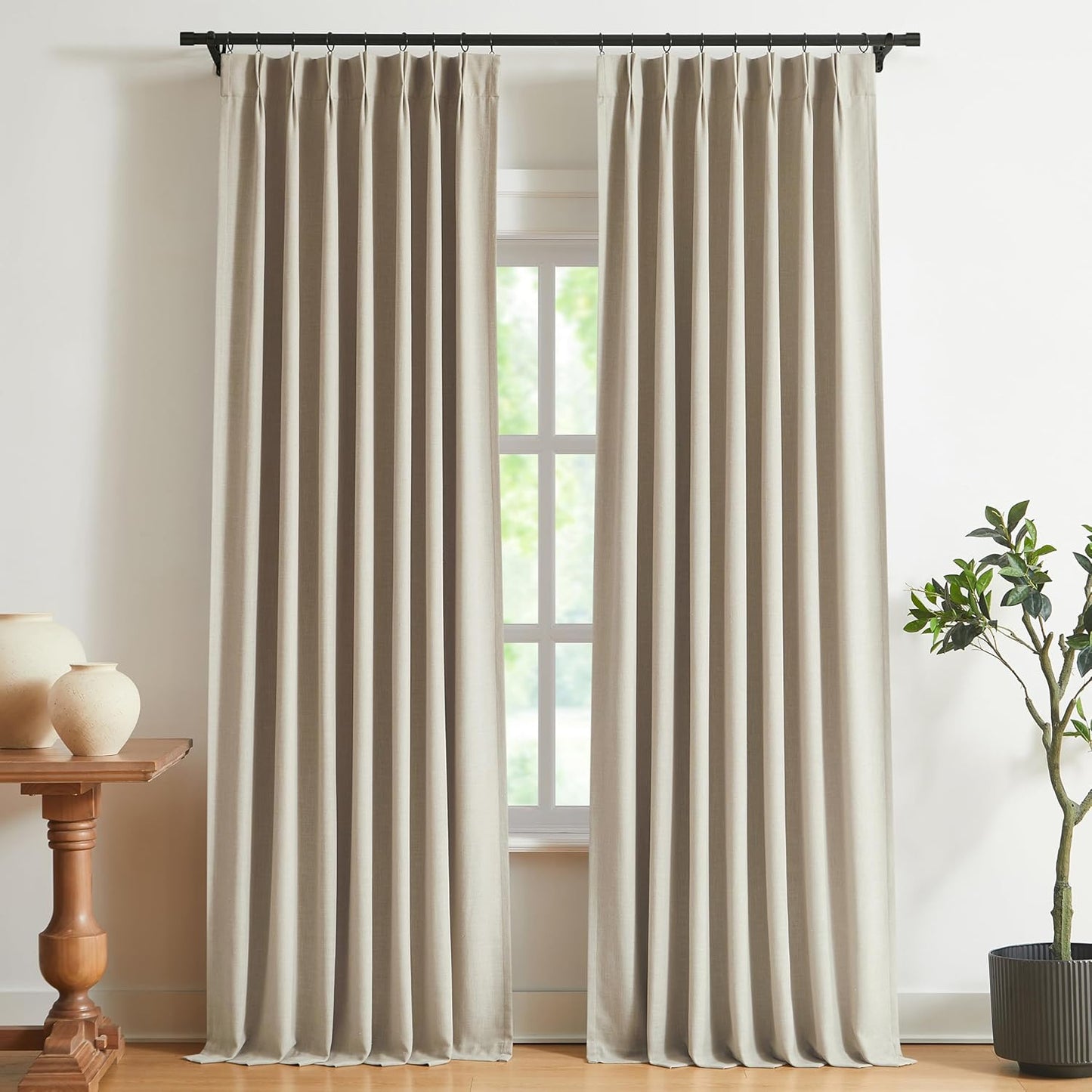Vision Home Natural Full Blackout Curtains Linen Blended Darkening Window Curtains 84 inch for Living Room Bedroom Thermal Insulated Pinch Pleat Drapes with Hooks 2 Panel 40"Wx84"L