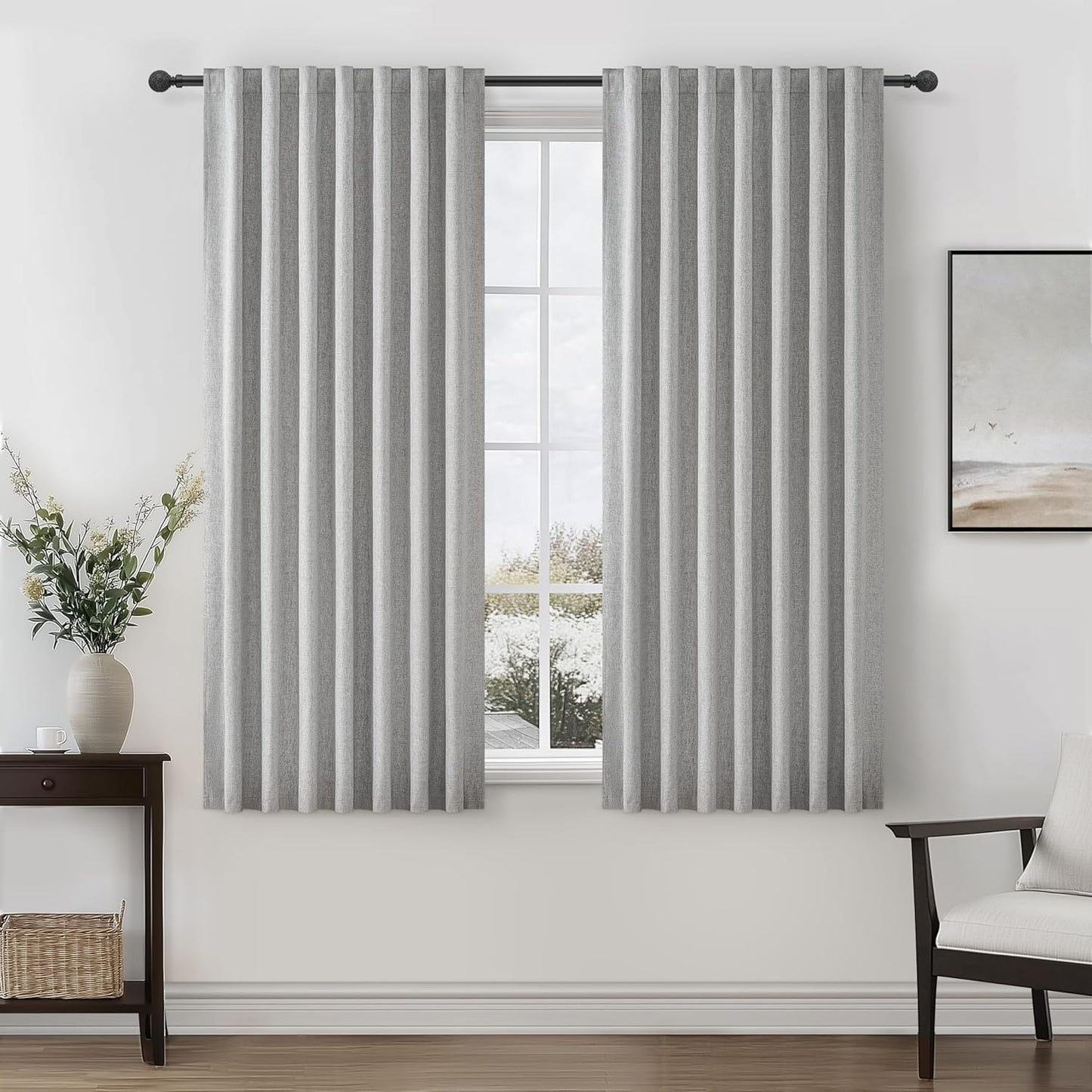 Natural Linen Blackout 92 Inch Bedroom Curtains 2 Panel Sets, Rustic Boho Cream Pleated Ceiling Track Curtain for Dining Room Heat Blocking Privacy Heavy Drape 92 Inches Long Oatmeal Back Tab