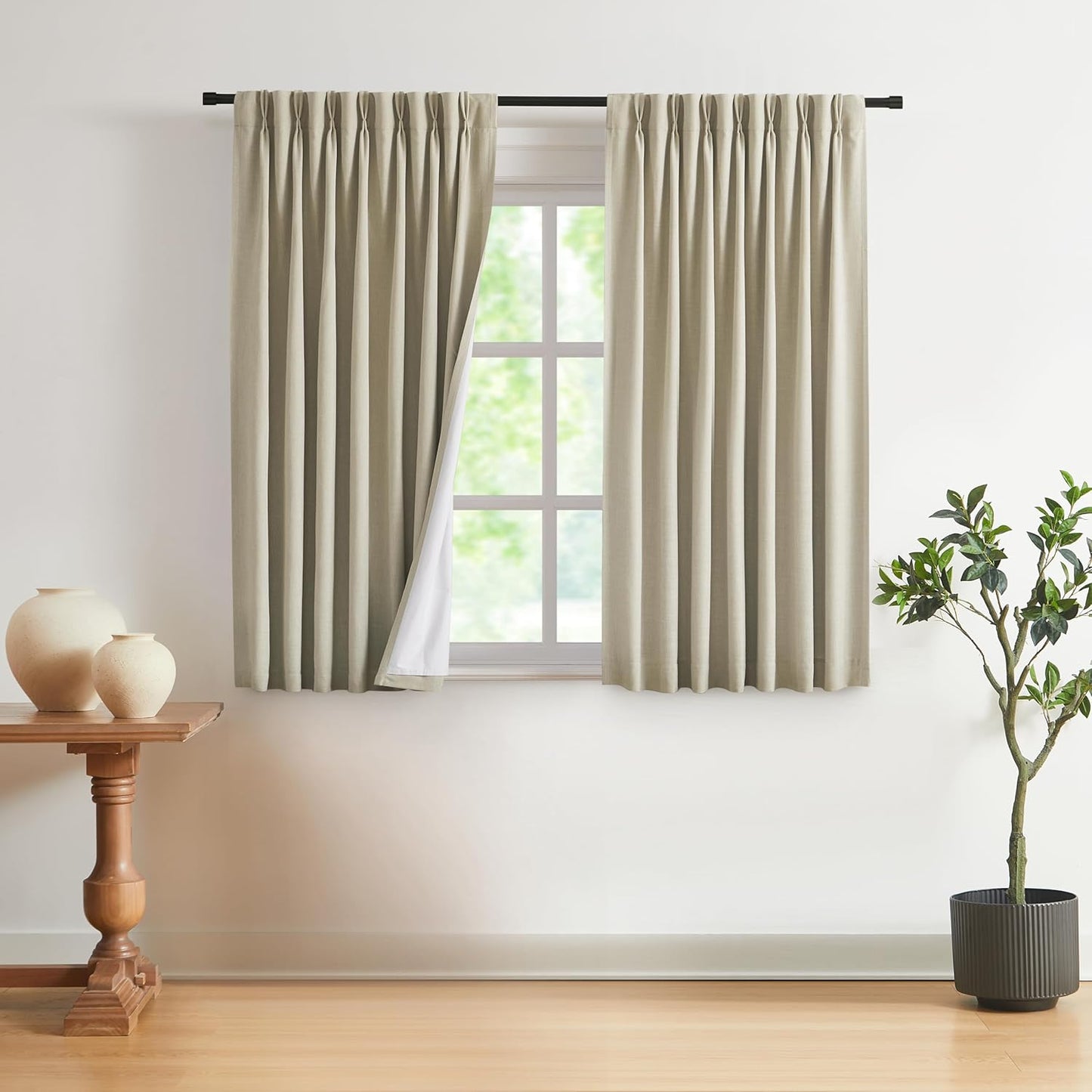 Vision Home Natural Full Blackout Curtains Linen Blended Darkening Window Curtains 84 inch for Living Room Bedroom Thermal Insulated Pinch Pleat Drapes with Hooks 2 Panel 40"Wx84"L