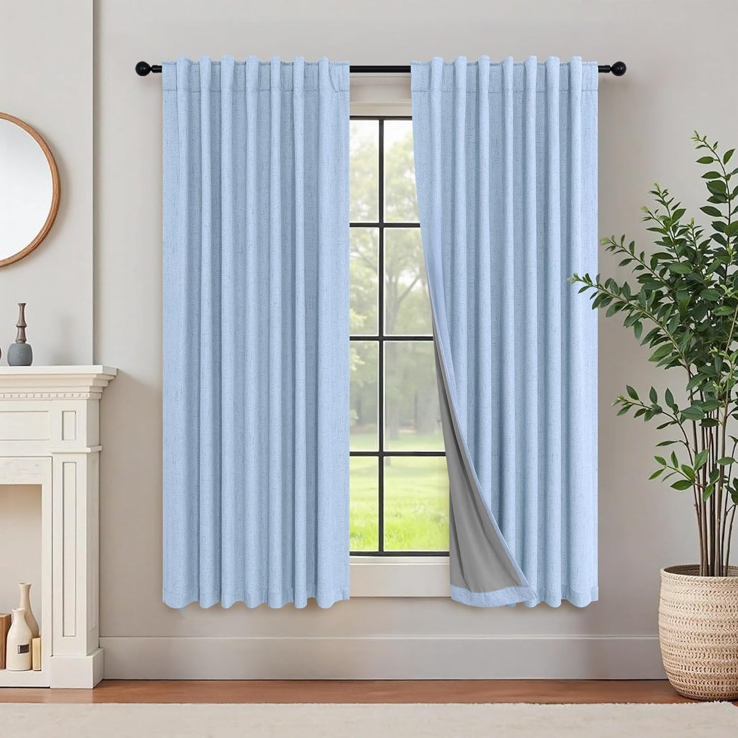 Cream Linen Black Out Curtains 70 Inches Extra Wide for Living Room 2 Panels Back Tab Pocket Pleated Ivory Blackout Bedroom for 72 Inches Window Curtain 84 Inch Long Thermal Room Darkening Heavy Drape