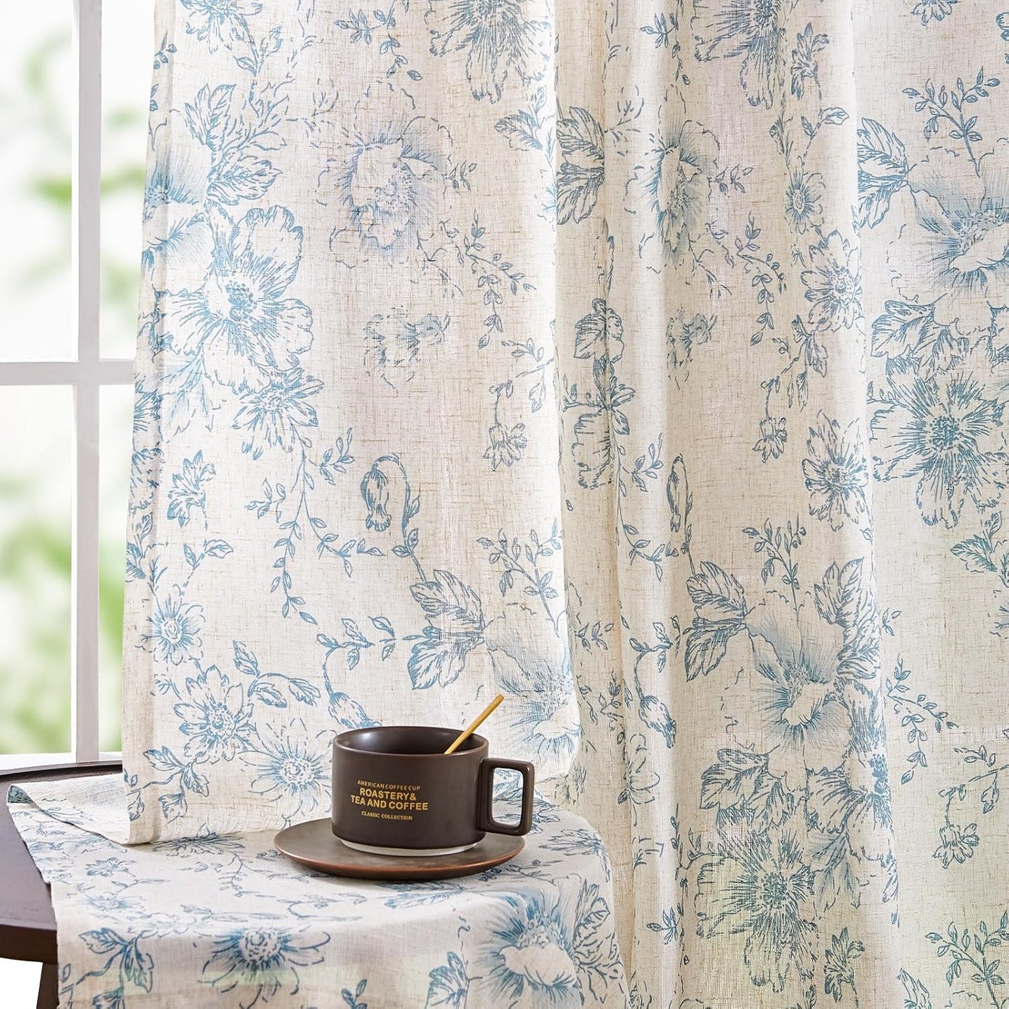 jinchan Blackout Linen Blend Curtain Floral Blackout Curtains for Living Room 84 Inch Length Black Printed with Lined Blackout Curtain for Bedroom Farmhouse Curtains Set 2 Panels