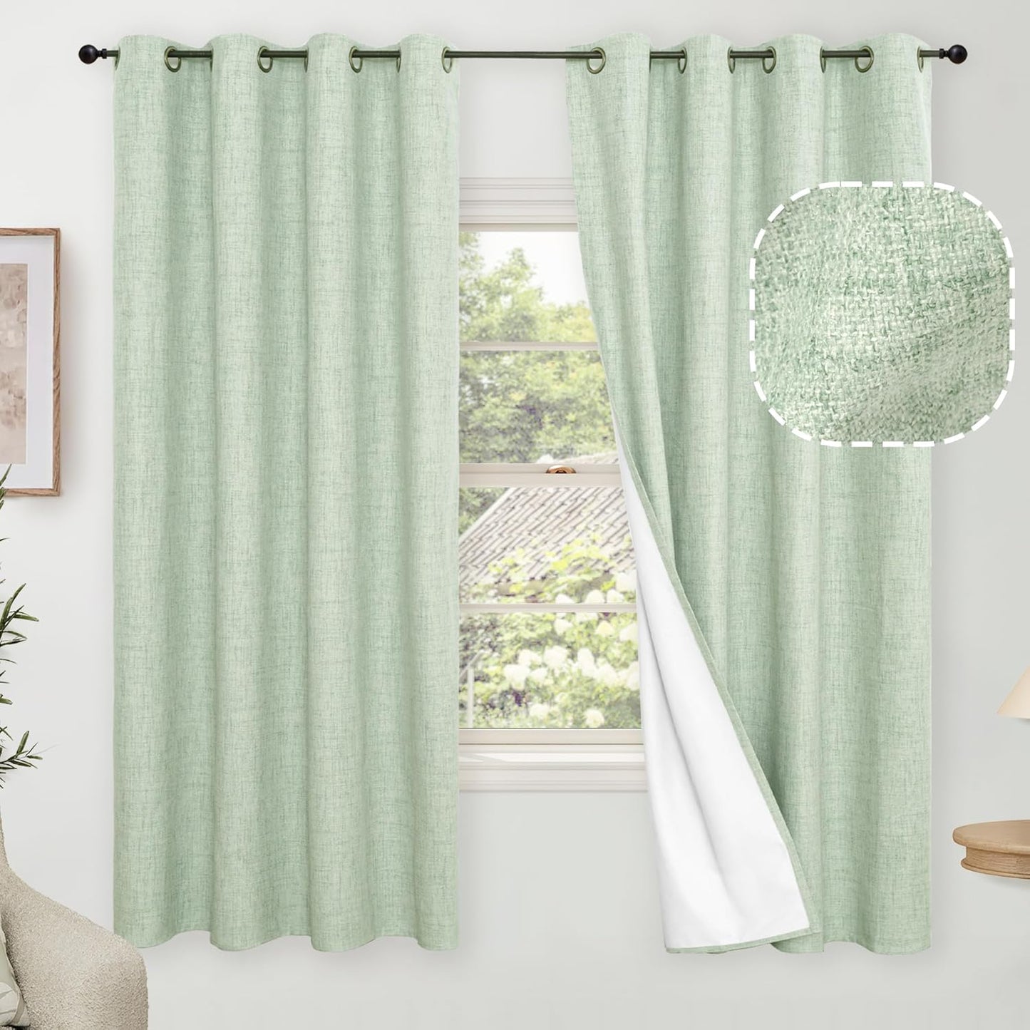60 Inch Wide Linen Blackout Curtains for Living Room/Bedroom 84 Inch Length 2 Panels, Total Black Out Thermal Insulated Soundproof Grommet Boho Window Drapes White Liner for Modern Farmhouse, Natural