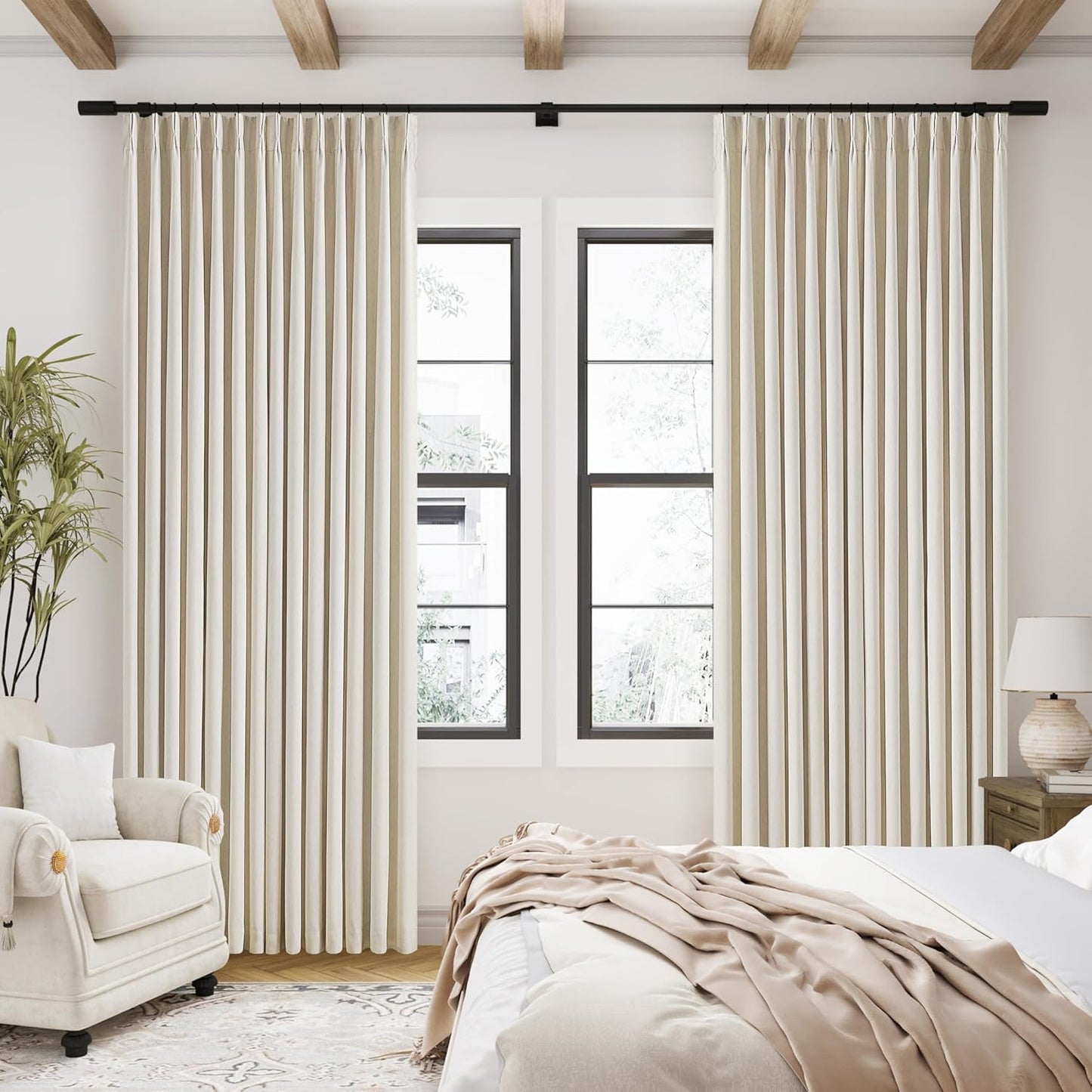 102 Inches Long Pinch Pleated Linen Blackout Curtains for Bedroom Back Tab Track Memory Trained Shape Farmhouse Light Blocking Curtains 102 Inch Length for Living Dining Room Darkening Drapes Cream