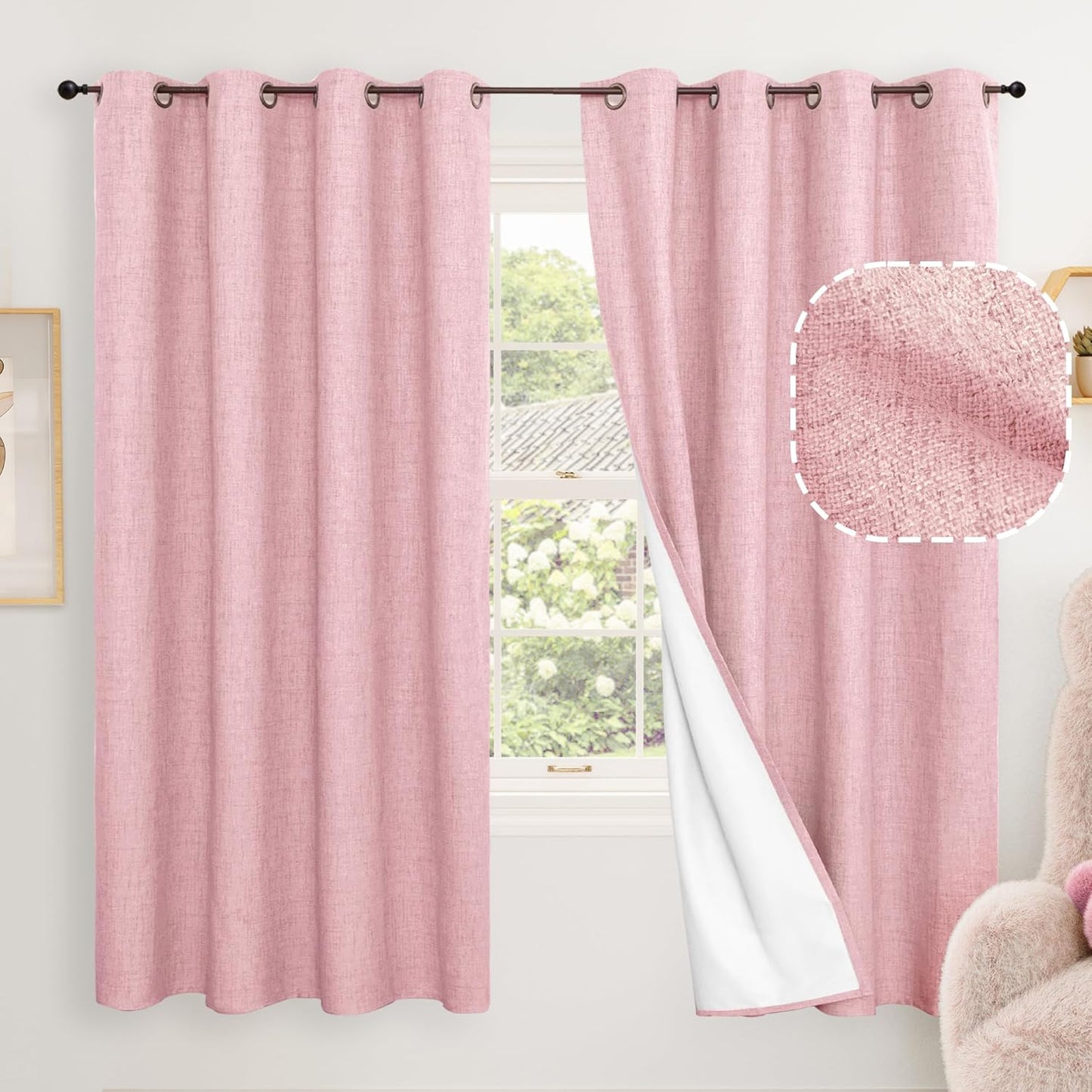 60 Inch Wide Linen Blackout Curtains for Living Room/Bedroom 84 Inch Length 2 Panels, Total Black Out Thermal Insulated Soundproof Grommet Boho Window Drapes White Liner for Modern Farmhouse, Natural