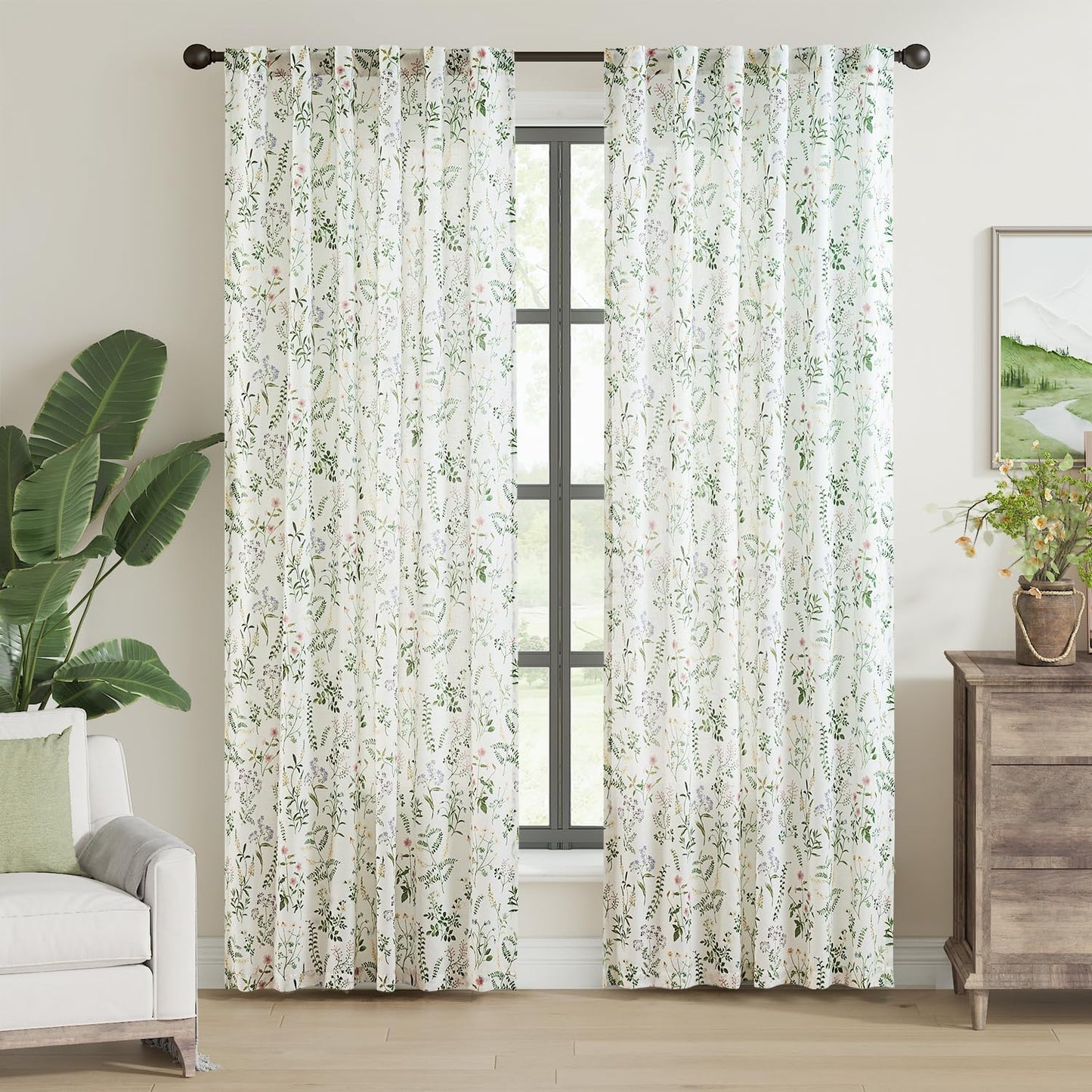 jinchan Blackout Linen Blend Curtain Floral Blackout Curtains for Living Room 84 Inch Length Black Printed with Lined Blackout Curtain for Bedroom Farmhouse Curtains Set 2 Panels