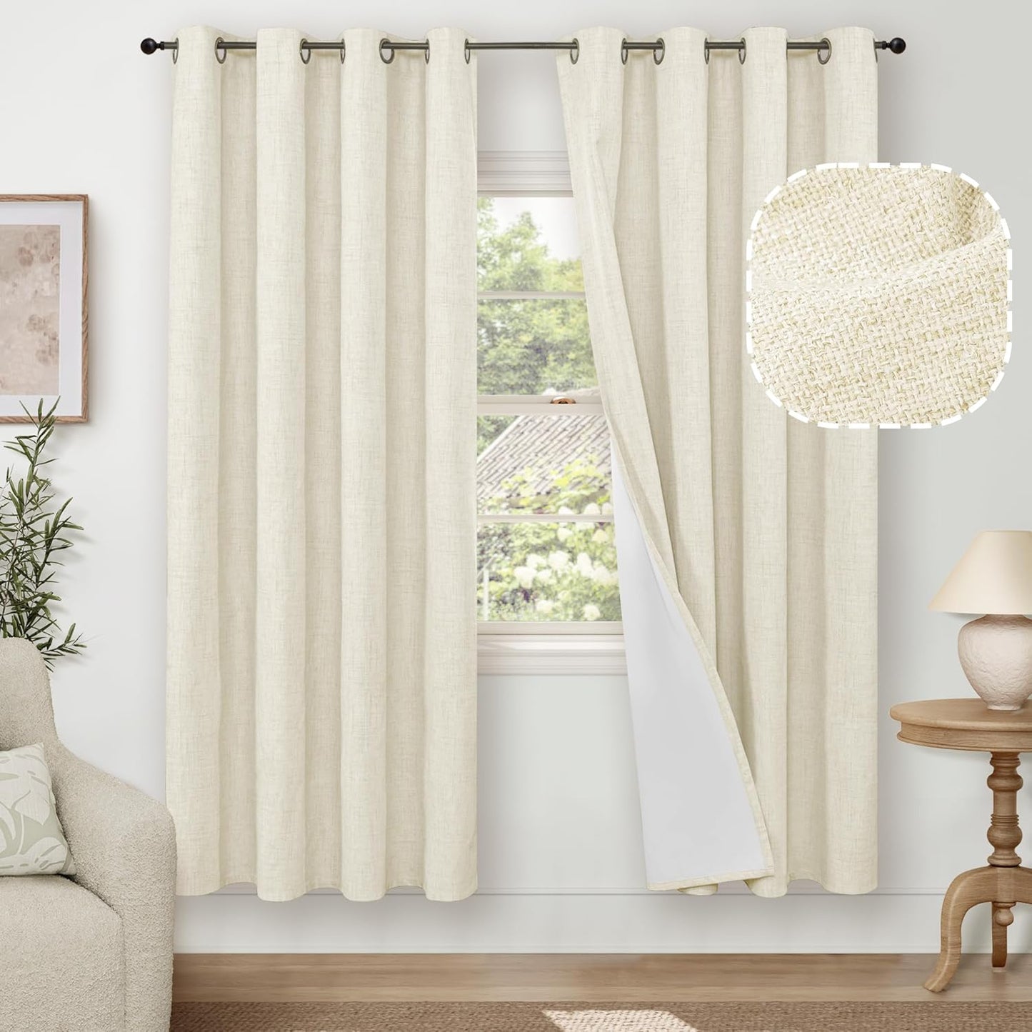 60 Inch Wide Linen Blackout Curtains for Living Room/Bedroom 84 Inch Length 2 Panels, Total Black Out Thermal Insulated Soundproof Grommet Boho Window Drapes White Liner for Modern Farmhouse, Natural