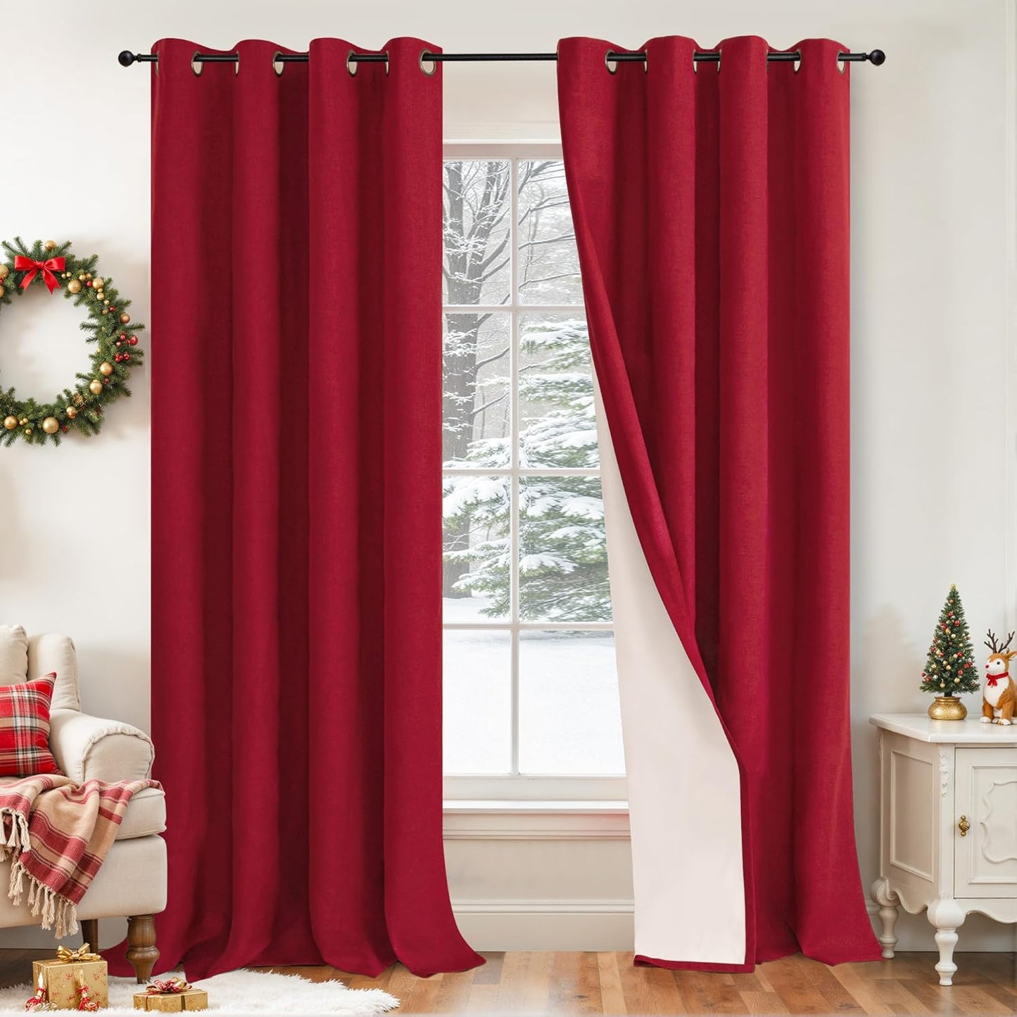 60 Inch Wide Linen Blackout Curtains for Living Room/Bedroom 84 Inch Length 2 Panels, Total Black Out Thermal Insulated Soundproof Grommet Boho Window Drapes White Liner for Modern Farmhouse, Natural