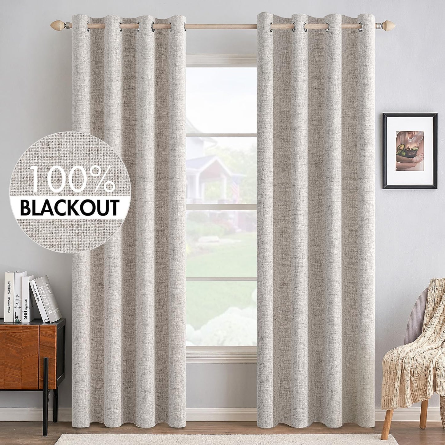MIULEE 100% Blackout Linen Textured Curtains for Bedroom Solid Thermal Insulated Natural Beige Grommet Room Darkening Curtains & Drapes Luxury Decor for Living Room Nursery 62 x 96 Inch (2 Panels)