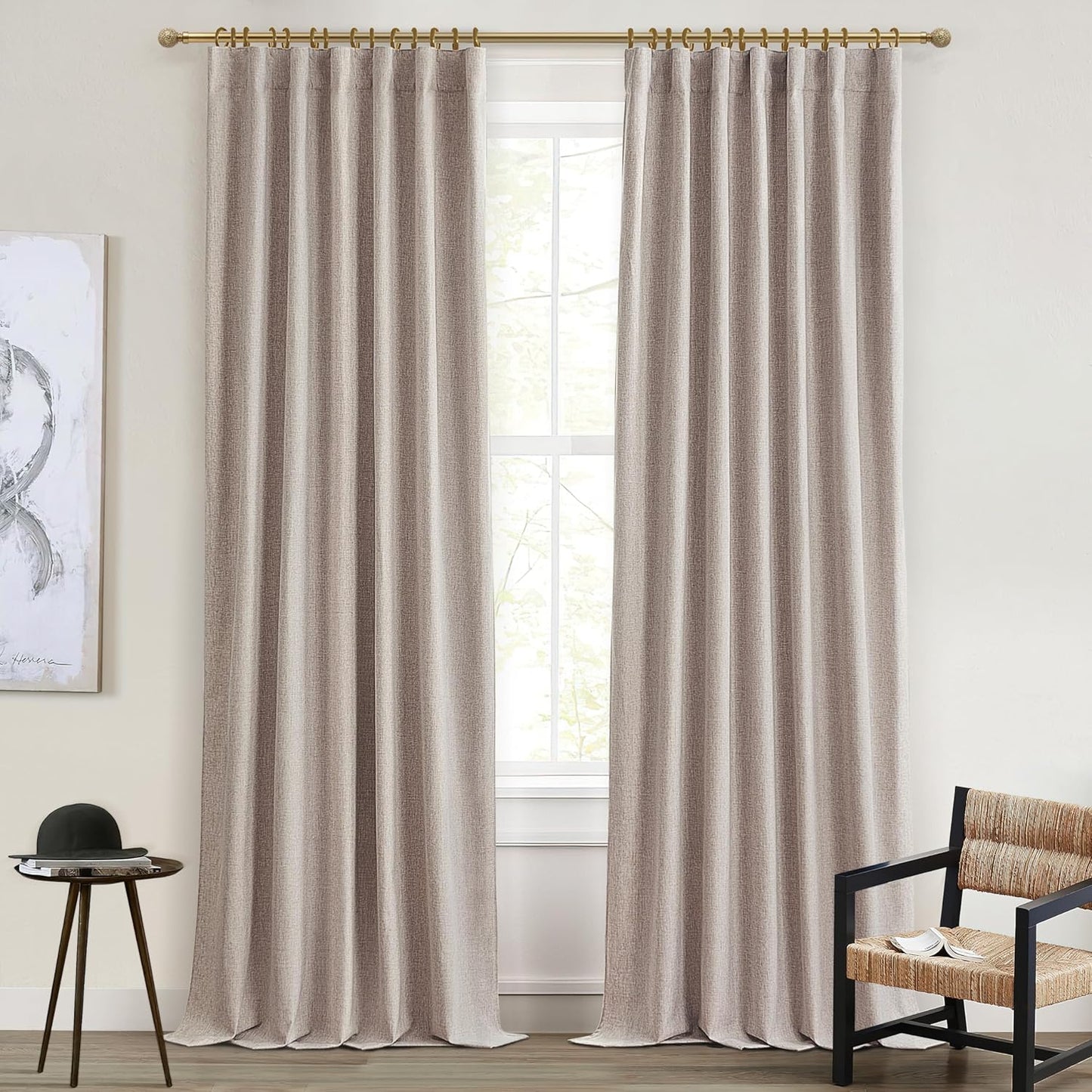 Natural Linen Blackout 92 Inch Bedroom Curtains 2 Panel Sets, Rustic Boho Cream Pleated Ceiling Track Curtain for Dining Room Heat Blocking Privacy Heavy Drape 92 Inches Long Oatmeal Back Tab