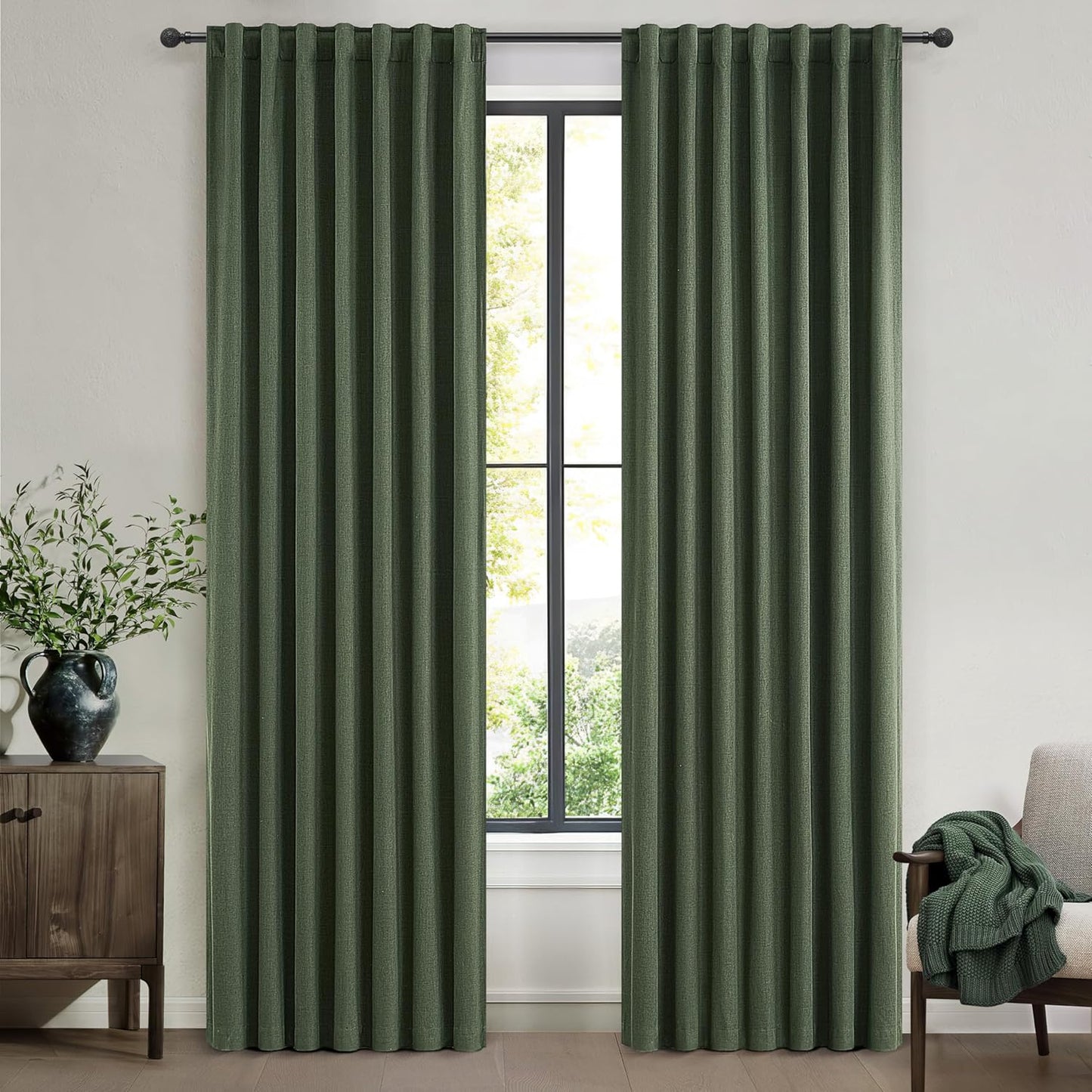 Natural Linen Blackout 92 Inch Bedroom Curtains 2 Panel Sets, Rustic Boho Cream Pleated Ceiling Track Curtain for Dining Room Heat Blocking Privacy Heavy Drape 92 Inches Long Oatmeal Back Tab