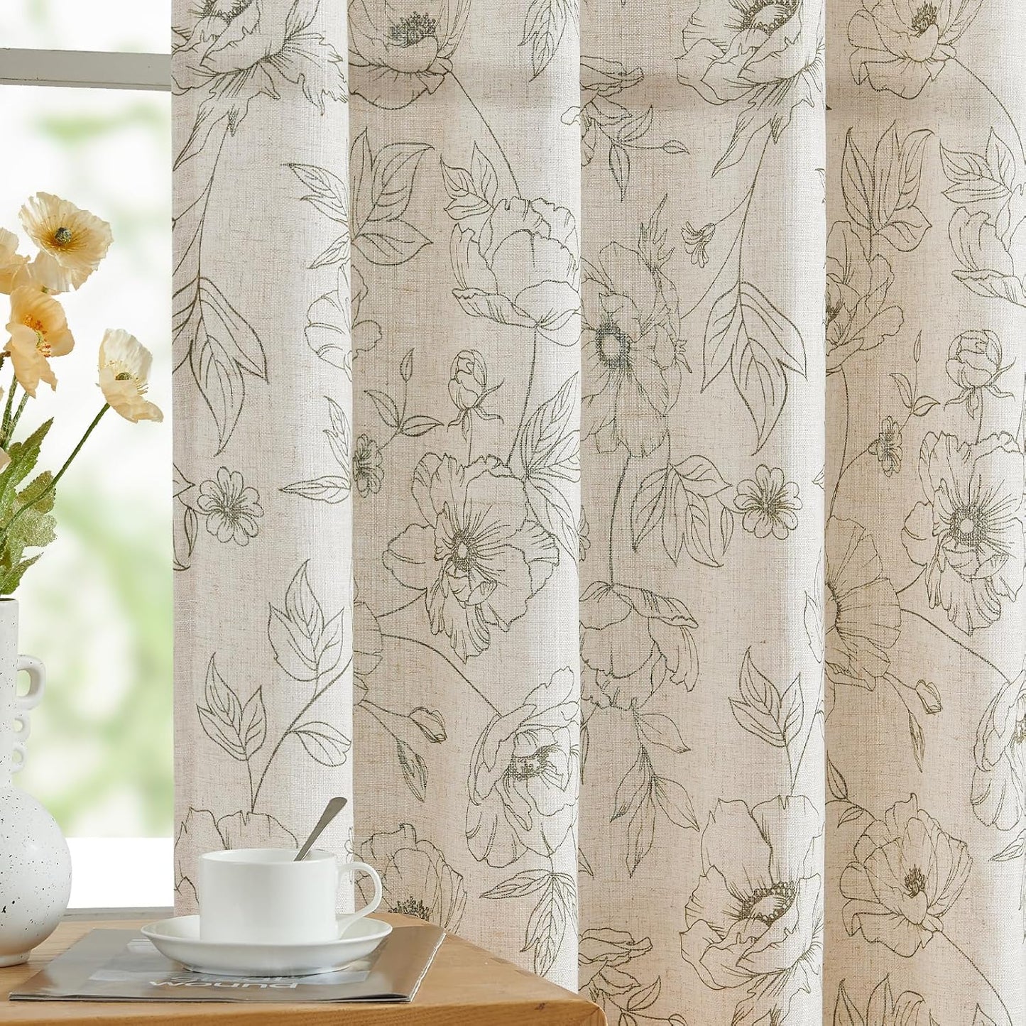 jinchan Blackout Linen Blend Curtain Floral Blackout Curtains for Living Room 84 Inch Length Black Printed with Lined Blackout Curtain for Bedroom Farmhouse Curtains Set 2 Panels