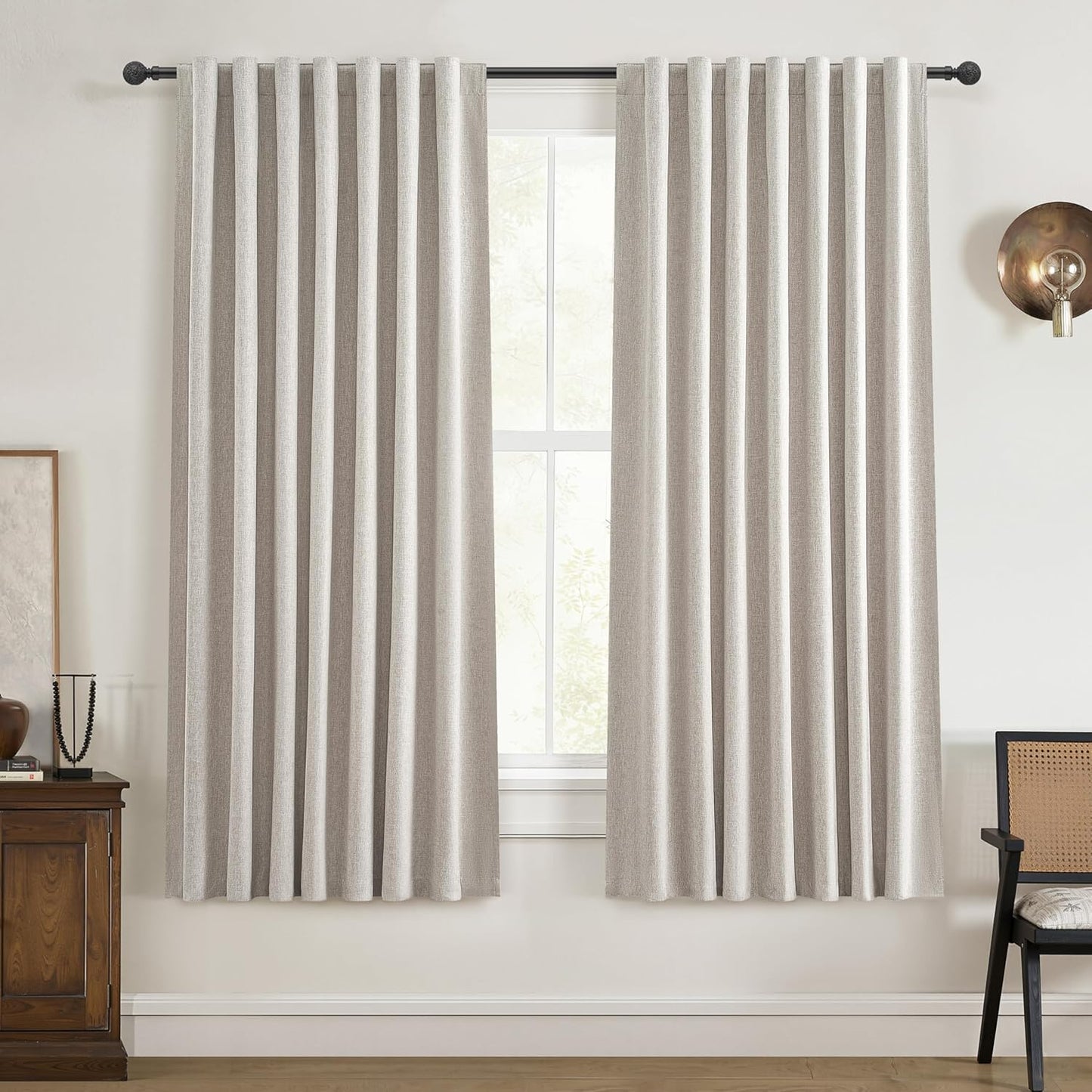 Natural Linen Blackout 92 Inch Bedroom Curtains 2 Panel Sets, Rustic Boho Cream Pleated Ceiling Track Curtain for Dining Room Heat Blocking Privacy Heavy Drape 92 Inches Long Oatmeal Back Tab