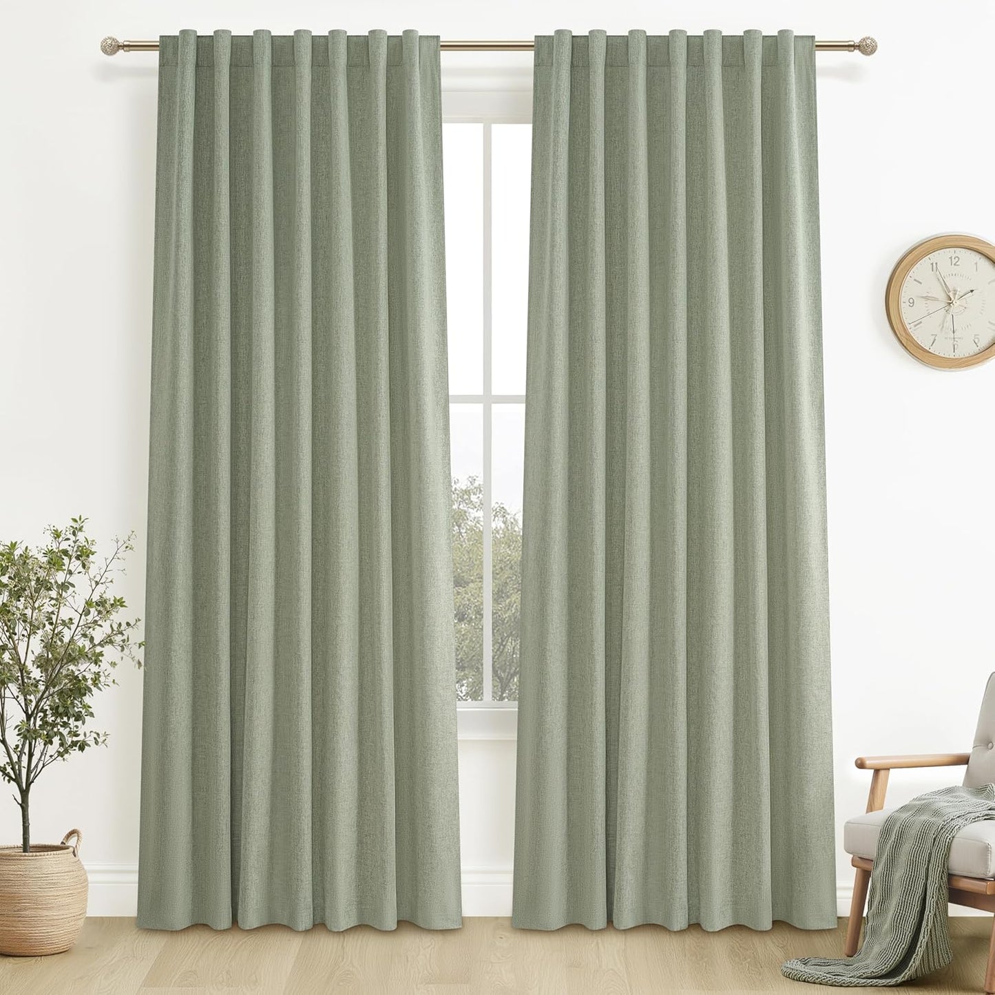 Natural Linen Blackout 92 Inch Bedroom Curtains 2 Panel Sets, Rustic Boho Cream Pleated Ceiling Track Curtain for Dining Room Heat Blocking Privacy Heavy Drape 92 Inches Long Oatmeal Back Tab