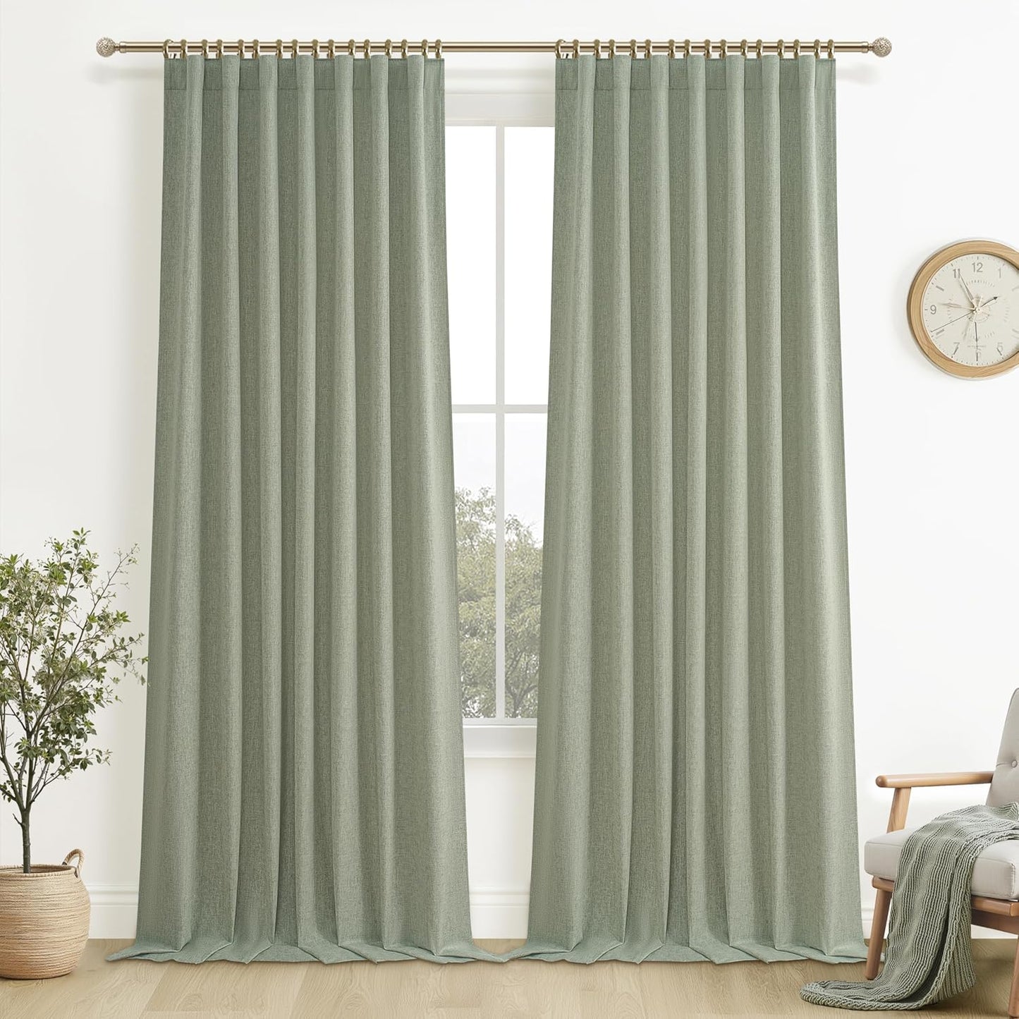 Natural Linen Blackout 92 Inch Bedroom Curtains 2 Panel Sets, Rustic Boho Cream Pleated Ceiling Track Curtain for Dining Room Heat Blocking Privacy Heavy Drape 92 Inches Long Oatmeal Back Tab