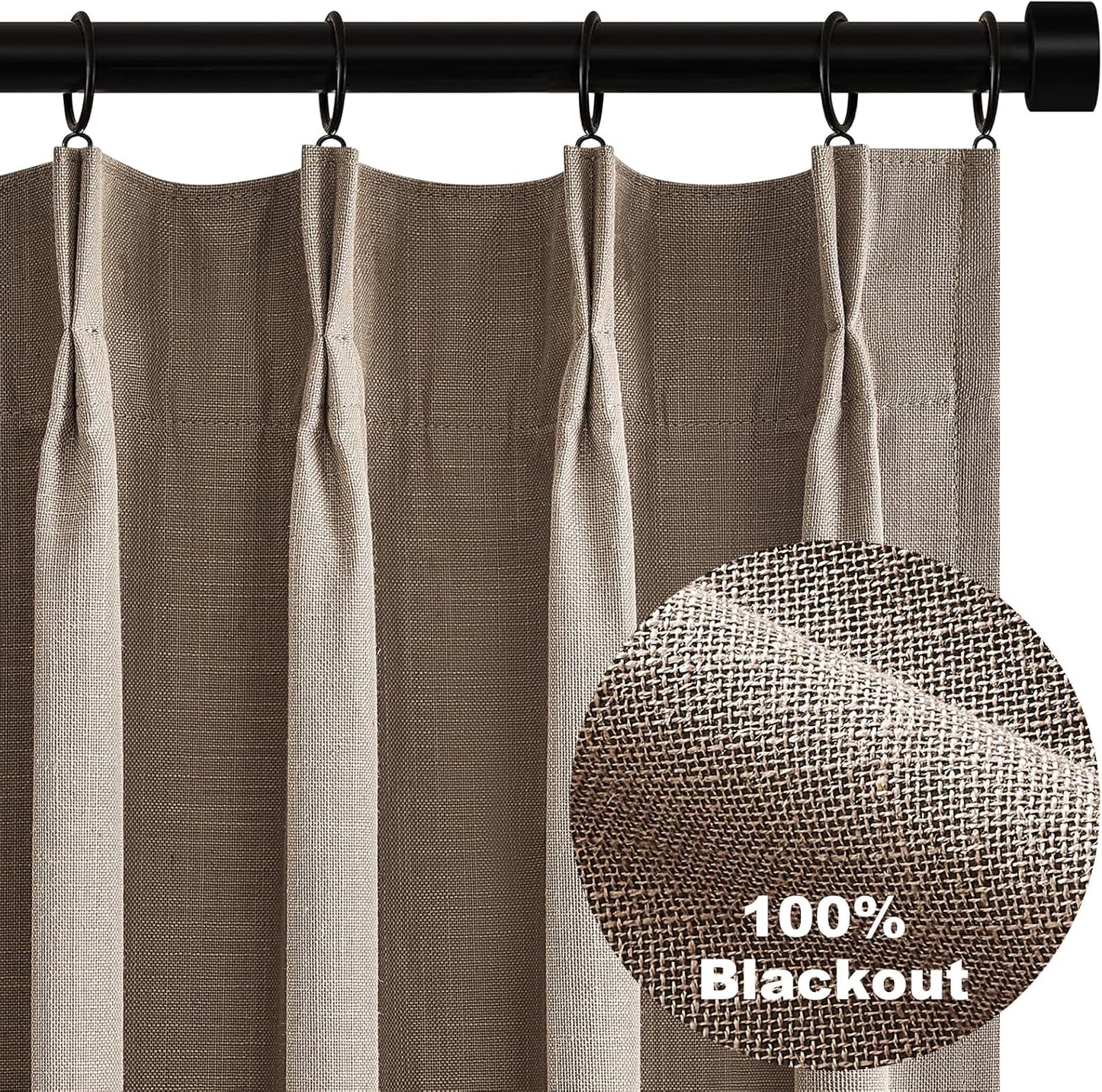 Topfinel Extral Wide Curtains, Pinch Pleated 100% Blackout Linen Luxury Drapery with Hooks for Patio Sliding Door Large Window Living Room Track System, 72" Wx102 L 1 Panel