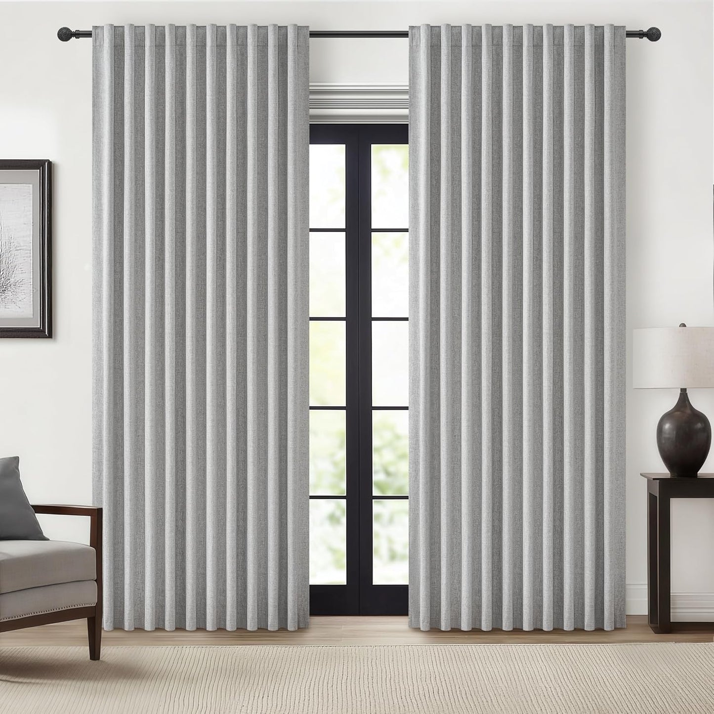 Natural Linen Blackout 92 Inch Bedroom Curtains 2 Panel Sets, Rustic Boho Cream Pleated Ceiling Track Curtain for Dining Room Heat Blocking Privacy Heavy Drape 92 Inches Long Oatmeal Back Tab