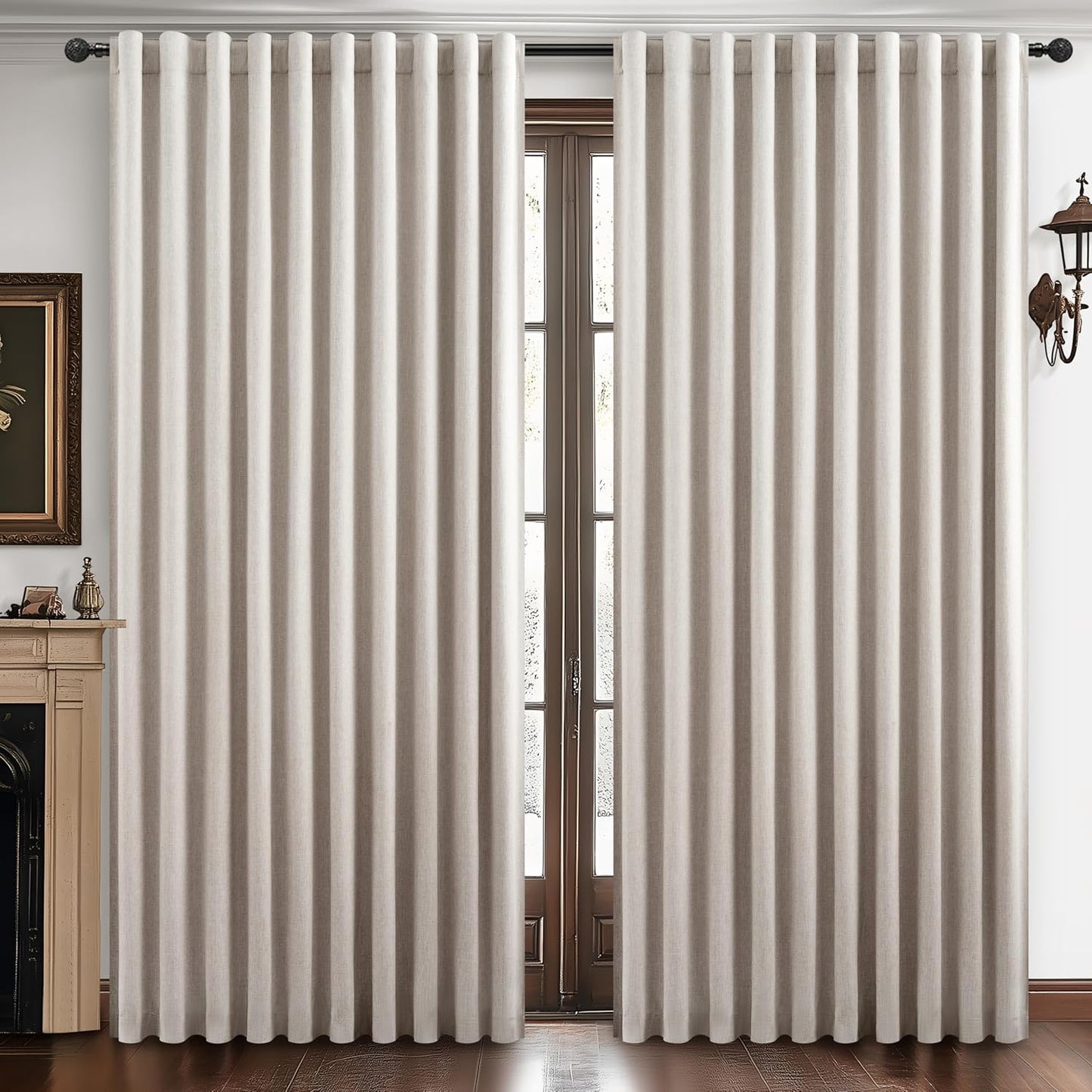 Natural Linen Blackout 92 Inch Bedroom Curtains 2 Panel Sets, Rustic Boho Cream Pleated Ceiling Track Curtain for Dining Room Heat Blocking Privacy Heavy Drape 92 Inches Long Oatmeal Back Tab