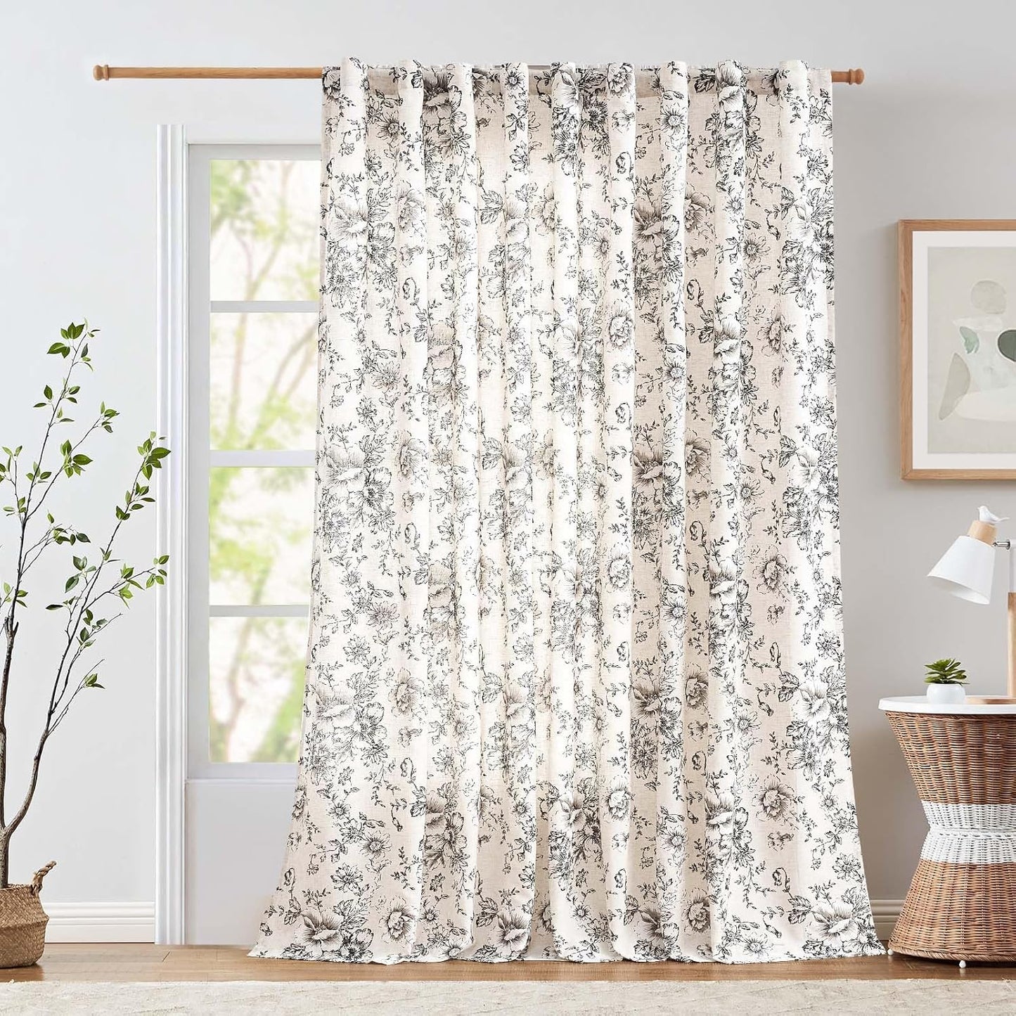 jinchan Blackout Linen Blend Curtain Floral Blackout Curtains for Living Room 84 Inch Length Black Printed with Lined Blackout Curtain for Bedroom Farmhouse Curtains Set 2 Panels