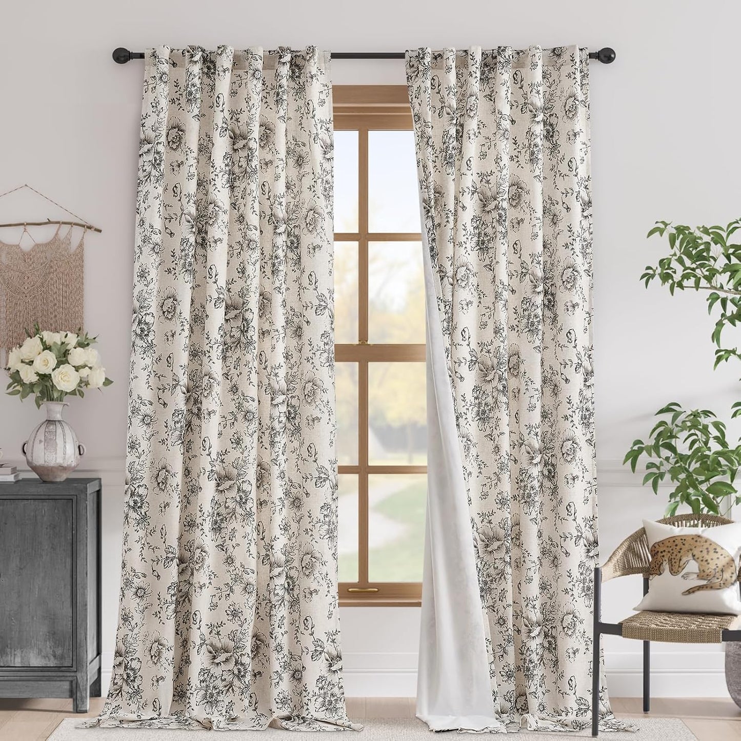 jinchan Blackout Linen Blend Curtain Floral Blackout Curtains for Living Room 84 Inch Length Black Printed with Lined Blackout Curtain for Bedroom Farmhouse Curtains Set 2 Panels