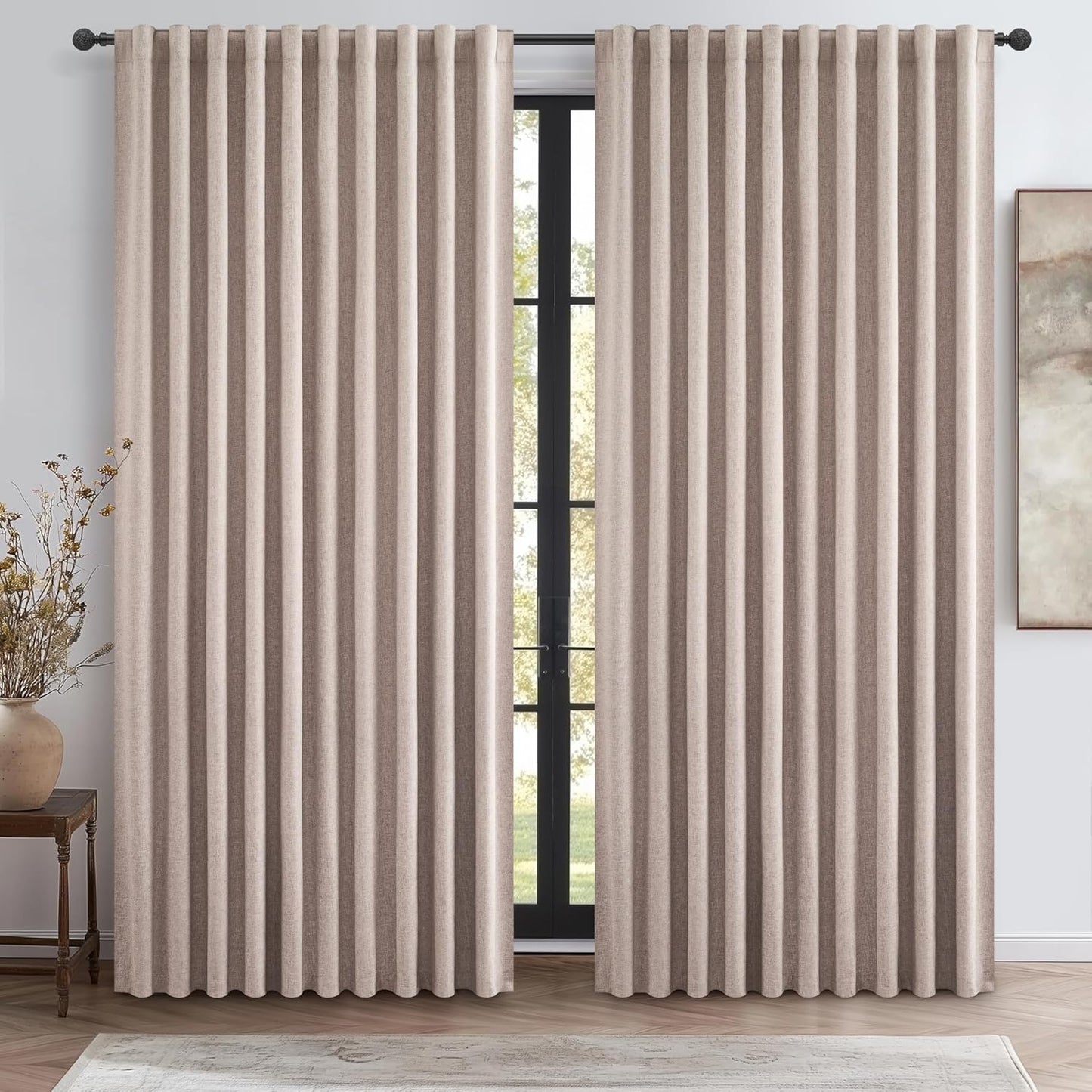 Natural Linen Blackout 92 Inch Bedroom Curtains 2 Panel Sets, Rustic Boho Cream Pleated Ceiling Track Curtain for Dining Room Heat Blocking Privacy Heavy Drape 92 Inches Long Oatmeal Back Tab