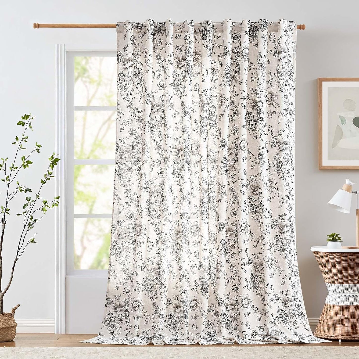 jinchan Blackout Linen Blend Curtain Floral Blackout Curtains for Living Room 84 Inch Length Black Printed with Lined Blackout Curtain for Bedroom Farmhouse Curtains Set 2 Panels
