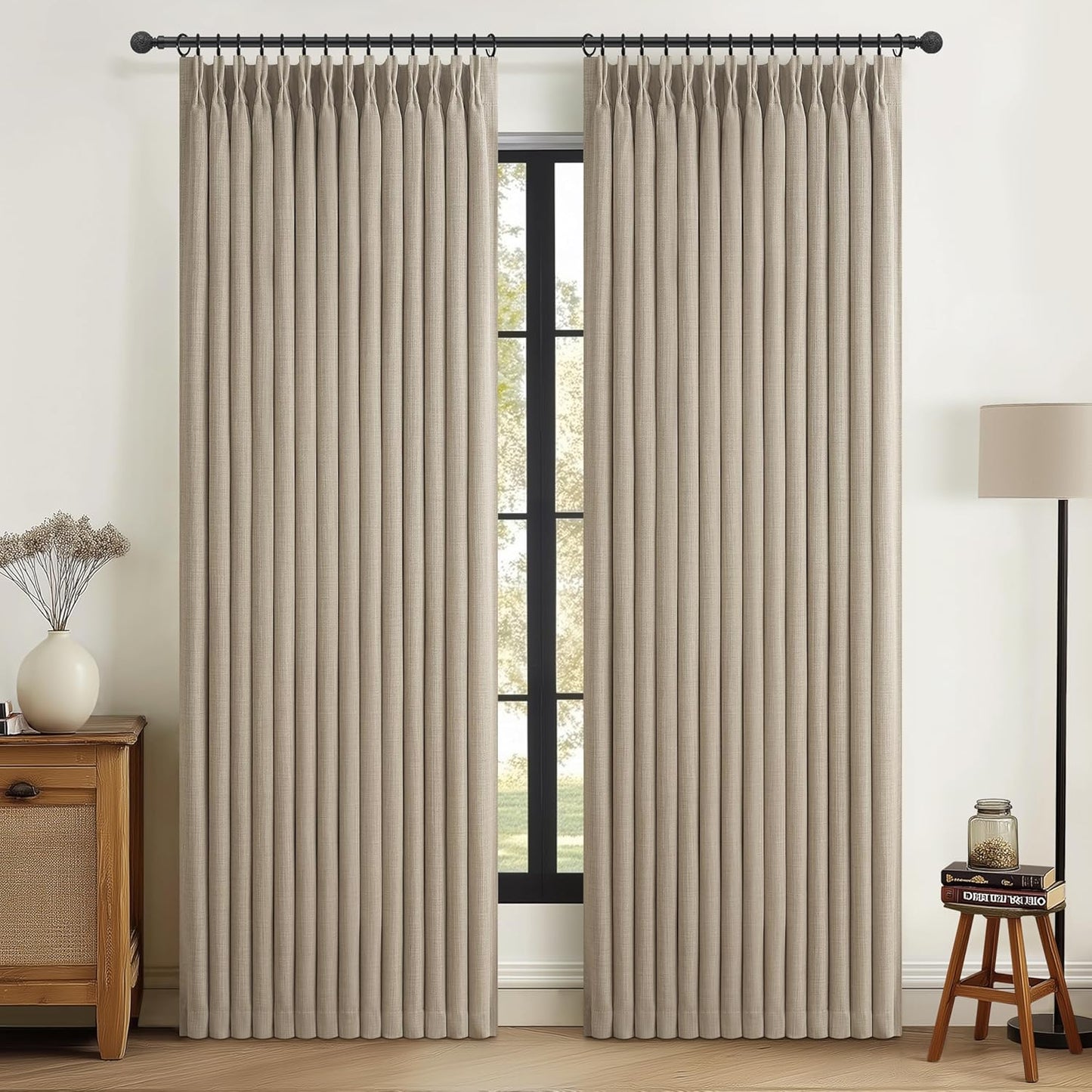100% Blackout Linen 96 Inch Curtains 2 Panel Set for Bedroom, Modern Pinch Pleated Natural Linen Off Beige White Insulated Heavy Curtain 40 x 96 Inches Length Sliding Glass Door Room Darkening Drapes