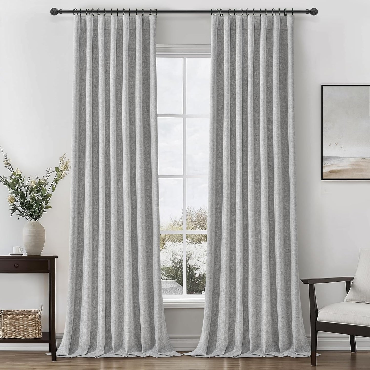 Natural Linen Blackout 92 Inch Bedroom Curtains 2 Panel Sets, Rustic Boho Cream Pleated Ceiling Track Curtain for Dining Room Heat Blocking Privacy Heavy Drape 92 Inches Long Oatmeal Back Tab