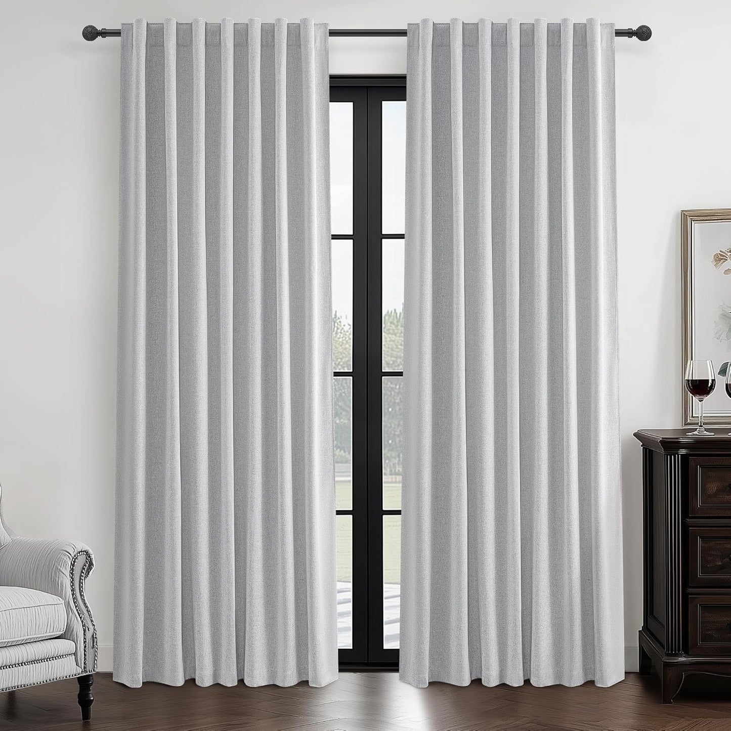 Natural Linen Blackout 92 Inch Bedroom Curtains 2 Panel Sets, Rustic Boho Cream Pleated Ceiling Track Curtain for Dining Room Heat Blocking Privacy Heavy Drape 92 Inches Long Oatmeal Back Tab