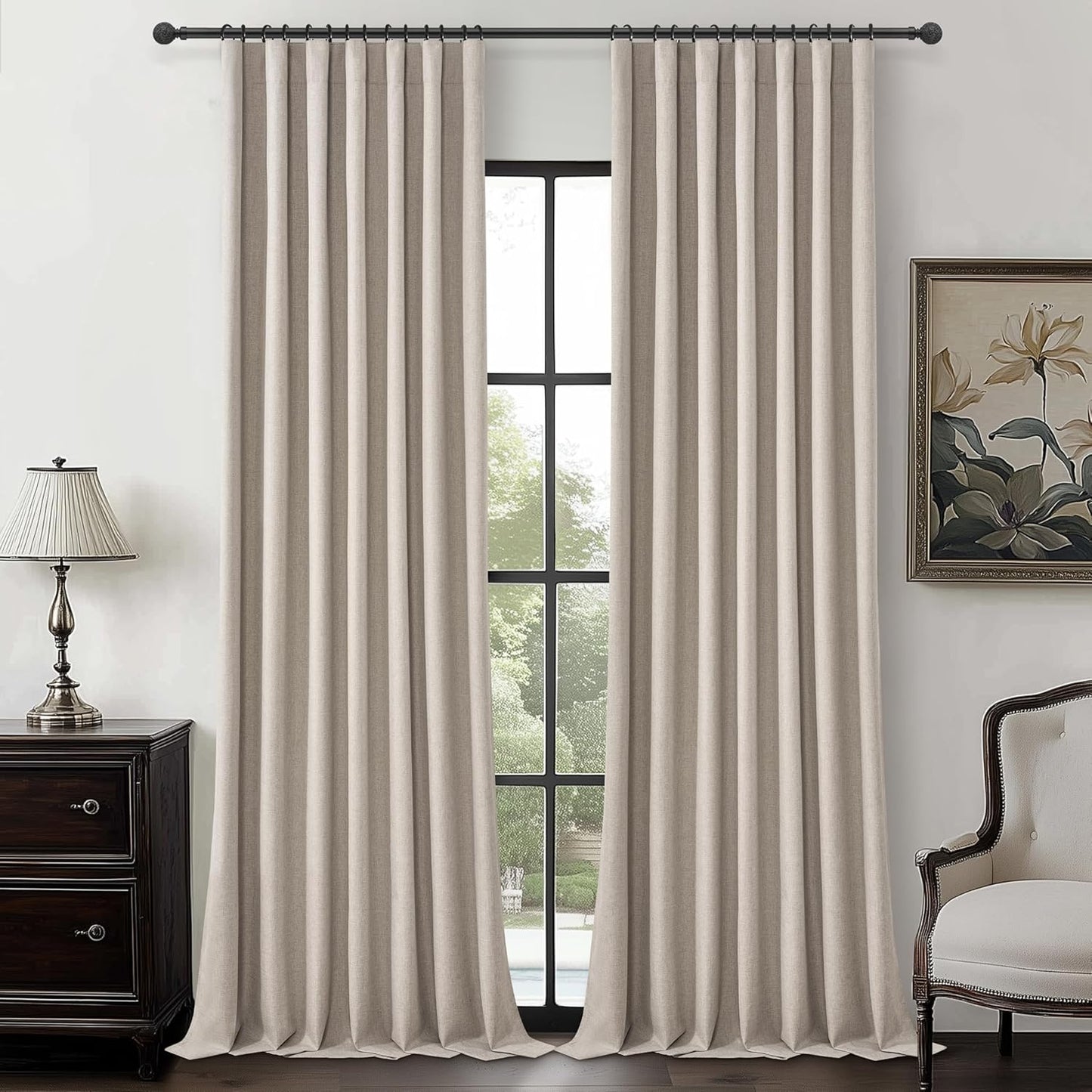 Natural Linen Blackout 92 Inch Bedroom Curtains 2 Panel Sets, Rustic Boho Cream Pleated Ceiling Track Curtain for Dining Room Heat Blocking Privacy Heavy Drape 92 Inches Long Oatmeal Back Tab