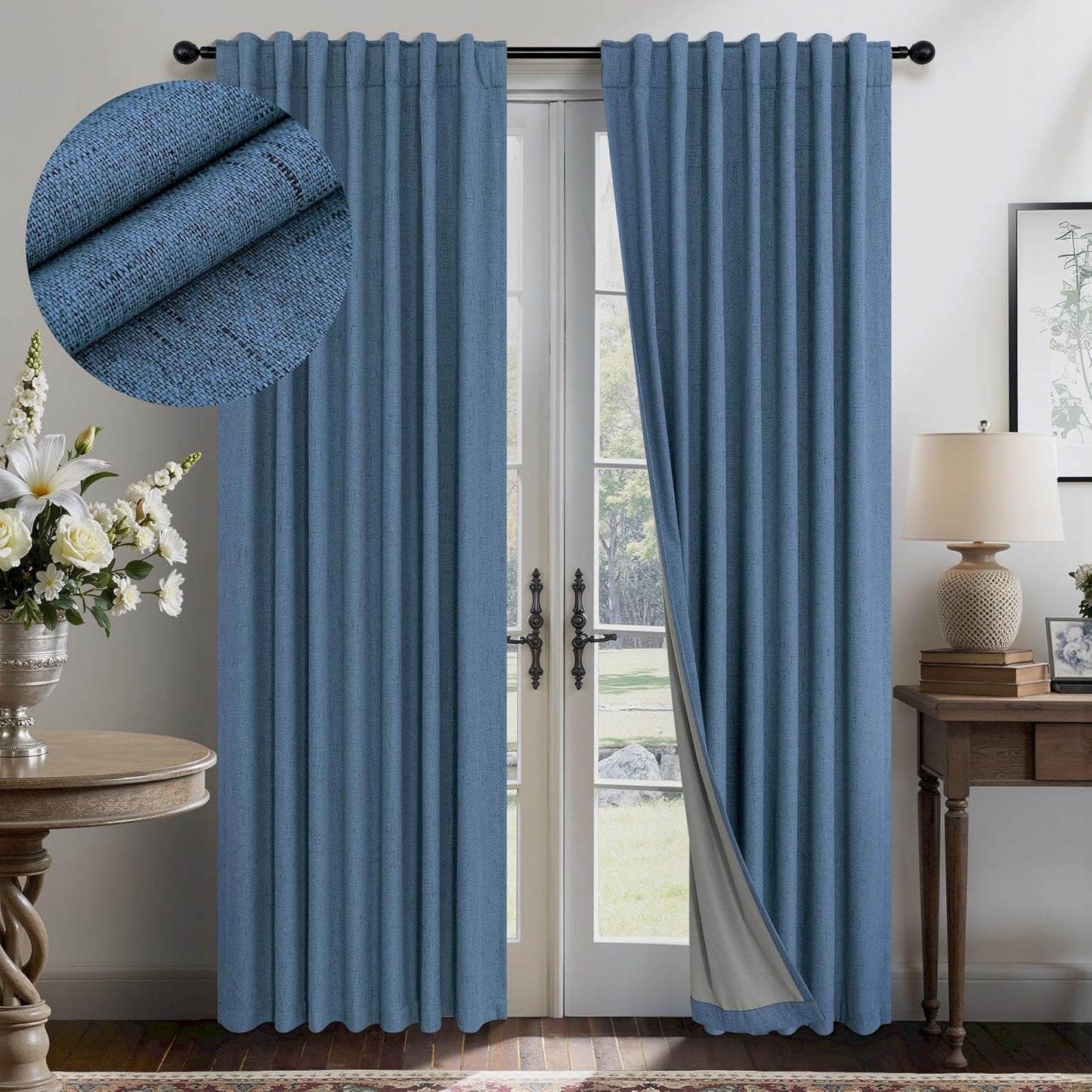 Cream Linen Black Out Curtains 70 Inches Extra Wide for Living Room 2 Panels Back Tab Pocket Pleated Ivory Blackout Bedroom for 72 Inches Window Curtain 84 Inch Long Thermal Room Darkening Heavy Drape