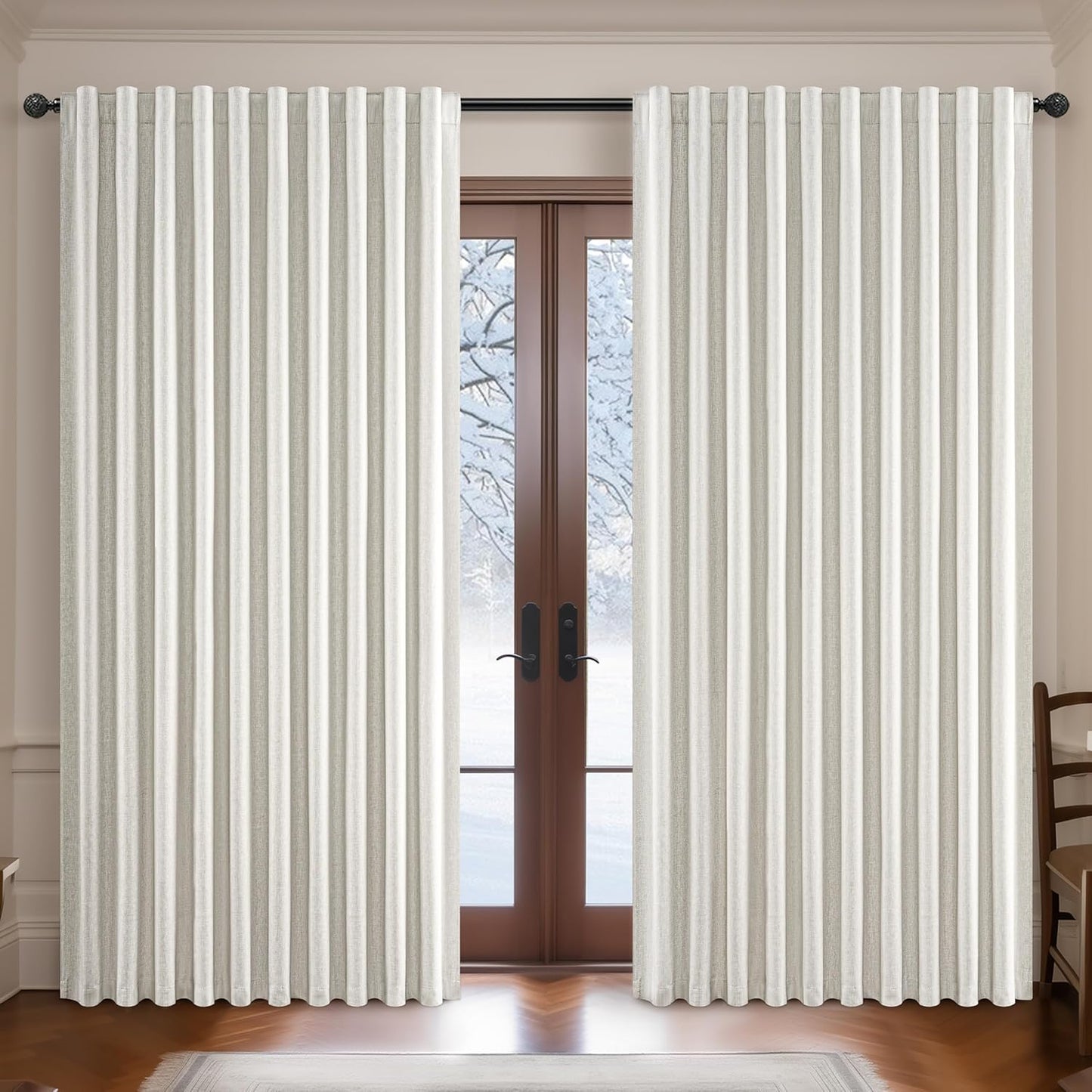 Natural Linen Blackout 92 Inch Bedroom Curtains 2 Panel Sets, Rustic Boho Cream Pleated Ceiling Track Curtain for Dining Room Heat Blocking Privacy Heavy Drape 92 Inches Long Oatmeal Back Tab