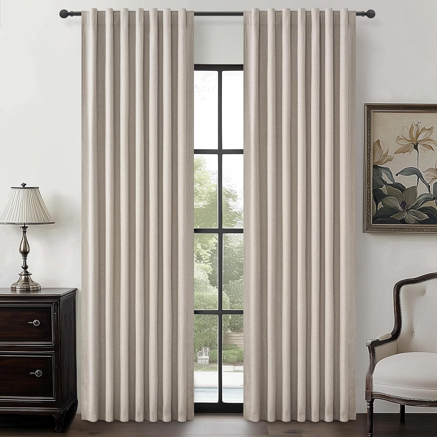 Natural Linen Blackout 92 Inch Bedroom Curtains 2 Panel Sets, Rustic Boho Cream Pleated Ceiling Track Curtain for Dining Room Heat Blocking Privacy Heavy Drape 92 Inches Long Oatmeal Back Tab