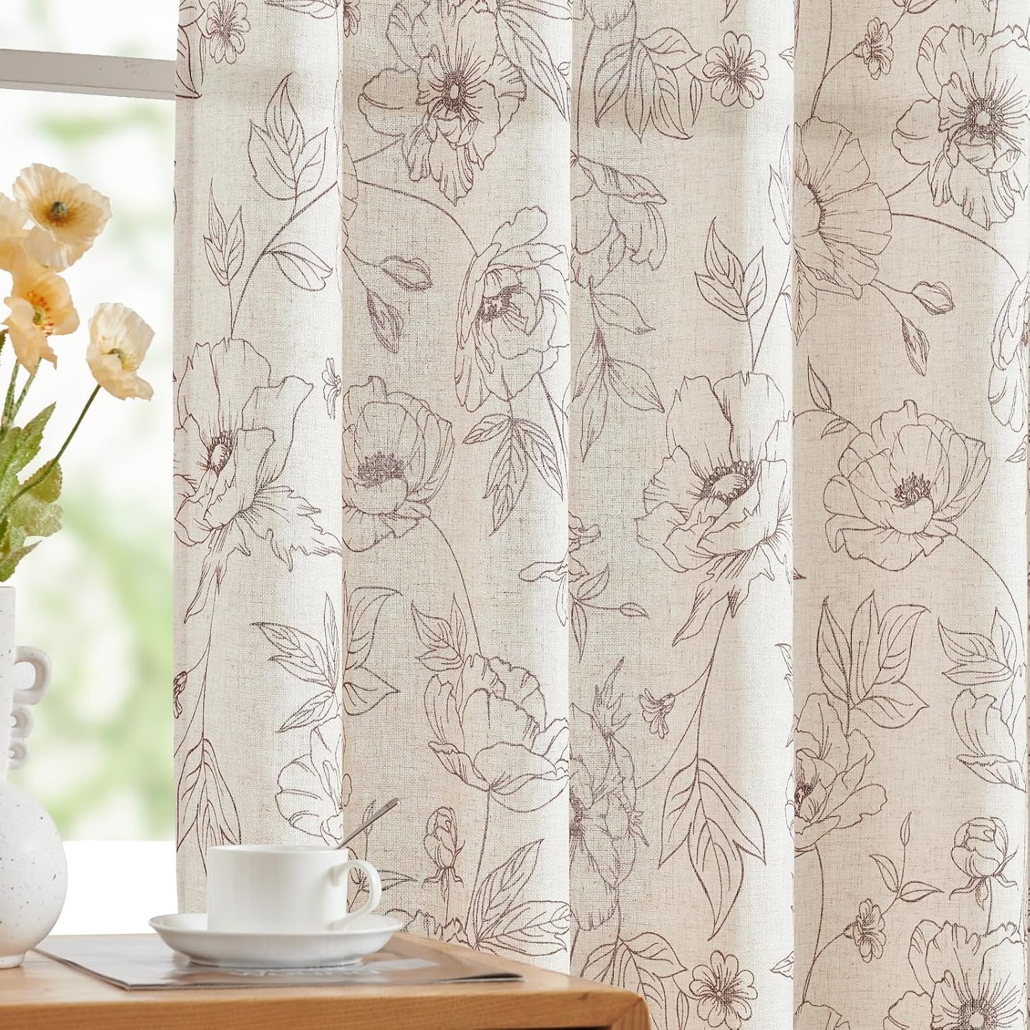 jinchan Blackout Linen Blend Curtain Floral Blackout Curtains for Living Room 84 Inch Length Black Printed with Lined Blackout Curtain for Bedroom Farmhouse Curtains Set 2 Panels