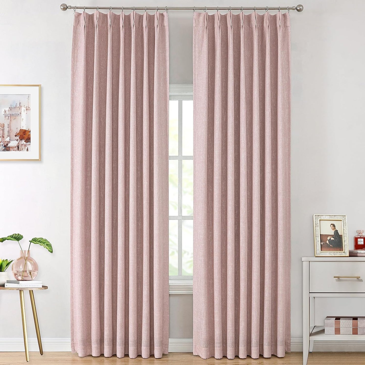 Vision Home Natural Full Blackout Curtains Linen Blended Darkening Window Curtains 84 inch for Living Room Bedroom Thermal Insulated Pinch Pleat Drapes with Hooks 2 Panel 40"Wx84"L