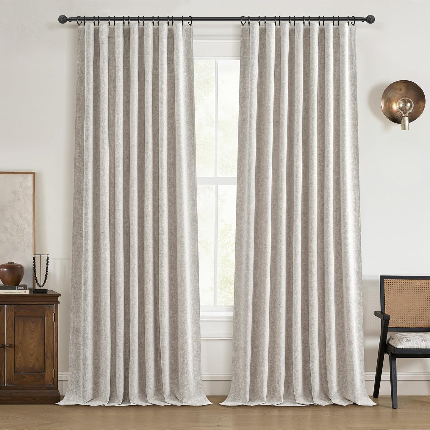 Natural Linen Blackout 92 Inch Bedroom Curtains 2 Panel Sets, Rustic Boho Cream Pleated Ceiling Track Curtain for Dining Room Heat Blocking Privacy Heavy Drape 92 Inches Long Oatmeal Back Tab