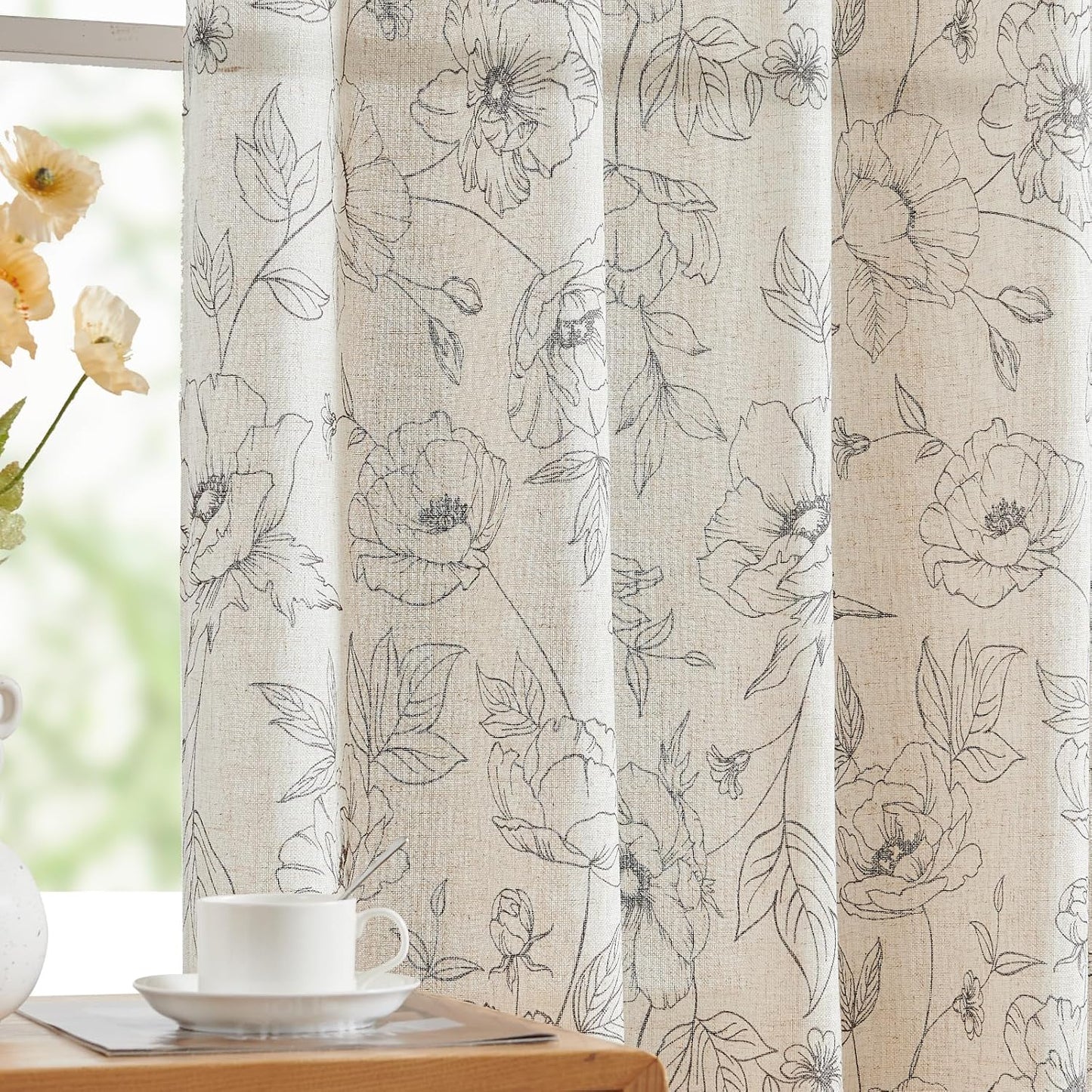 jinchan Blackout Linen Blend Curtain Floral Blackout Curtains for Living Room 84 Inch Length Black Printed with Lined Blackout Curtain for Bedroom Farmhouse Curtains Set 2 Panels