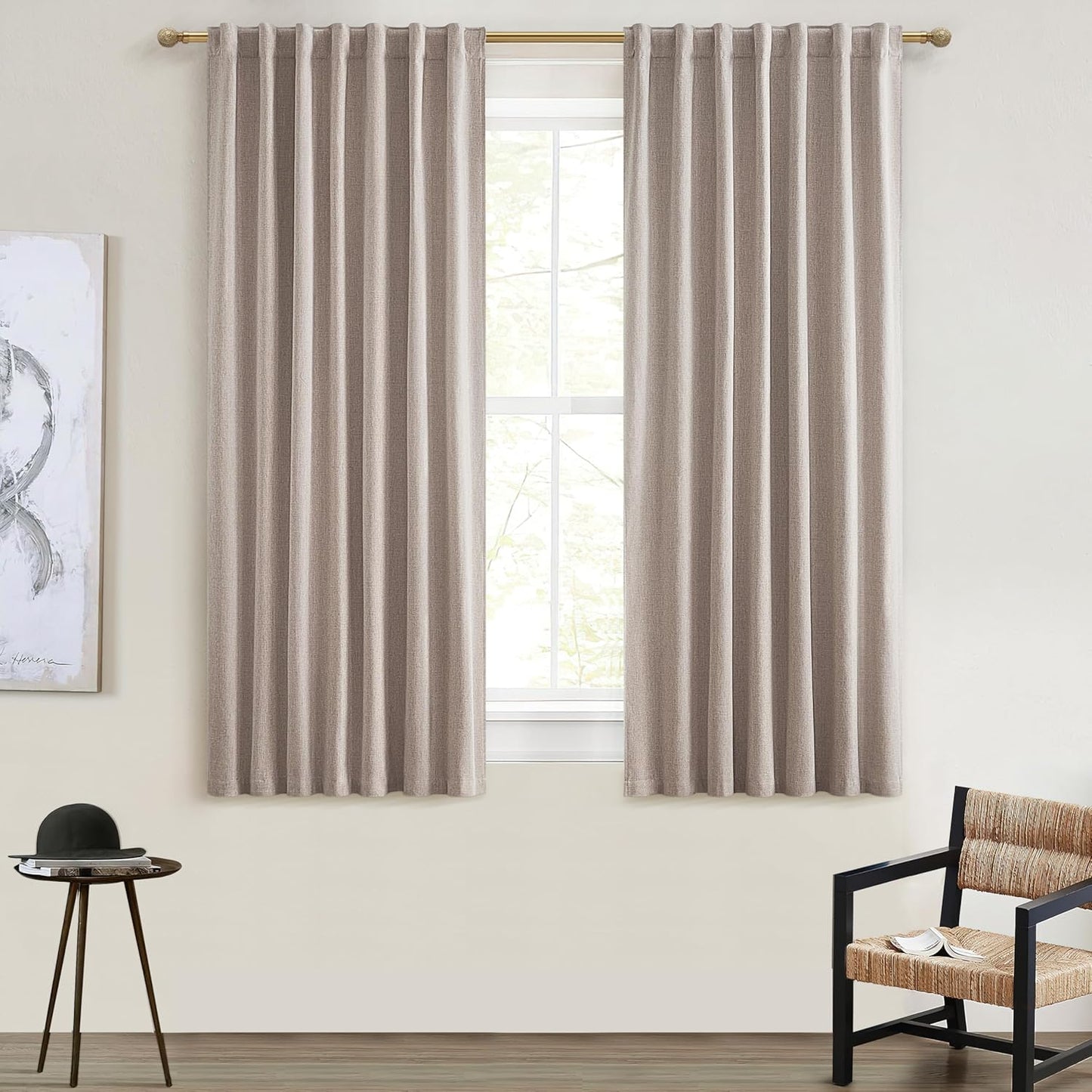 Natural Linen Blackout 92 Inch Bedroom Curtains 2 Panel Sets, Rustic Boho Cream Pleated Ceiling Track Curtain for Dining Room Heat Blocking Privacy Heavy Drape 92 Inches Long Oatmeal Back Tab