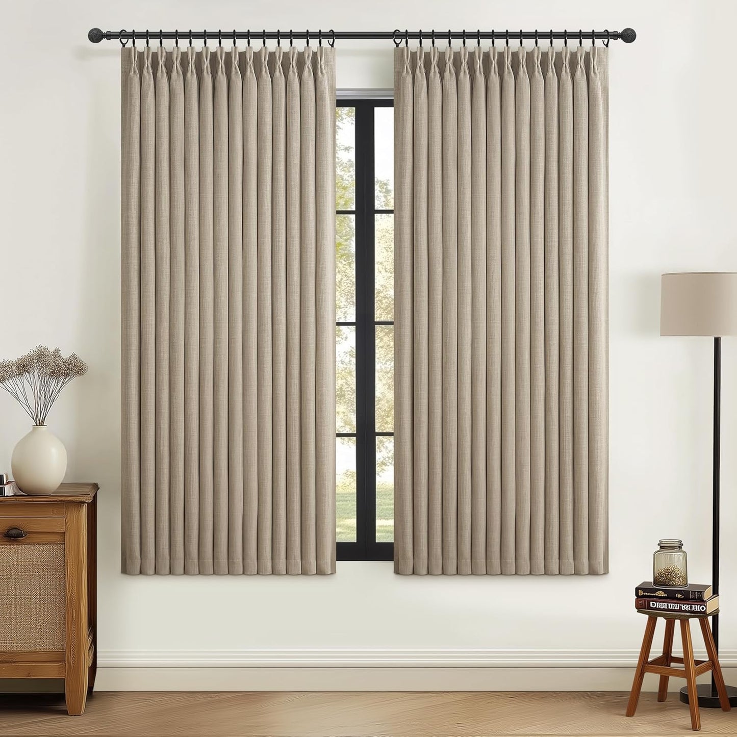 100% Blackout Linen 96 Inch Curtains 2 Panel Set for Bedroom, Modern Pinch Pleated Natural Linen Off Beige White Insulated Heavy Curtain 40 x 96 Inches Length Sliding Glass Door Room Darkening Drapes