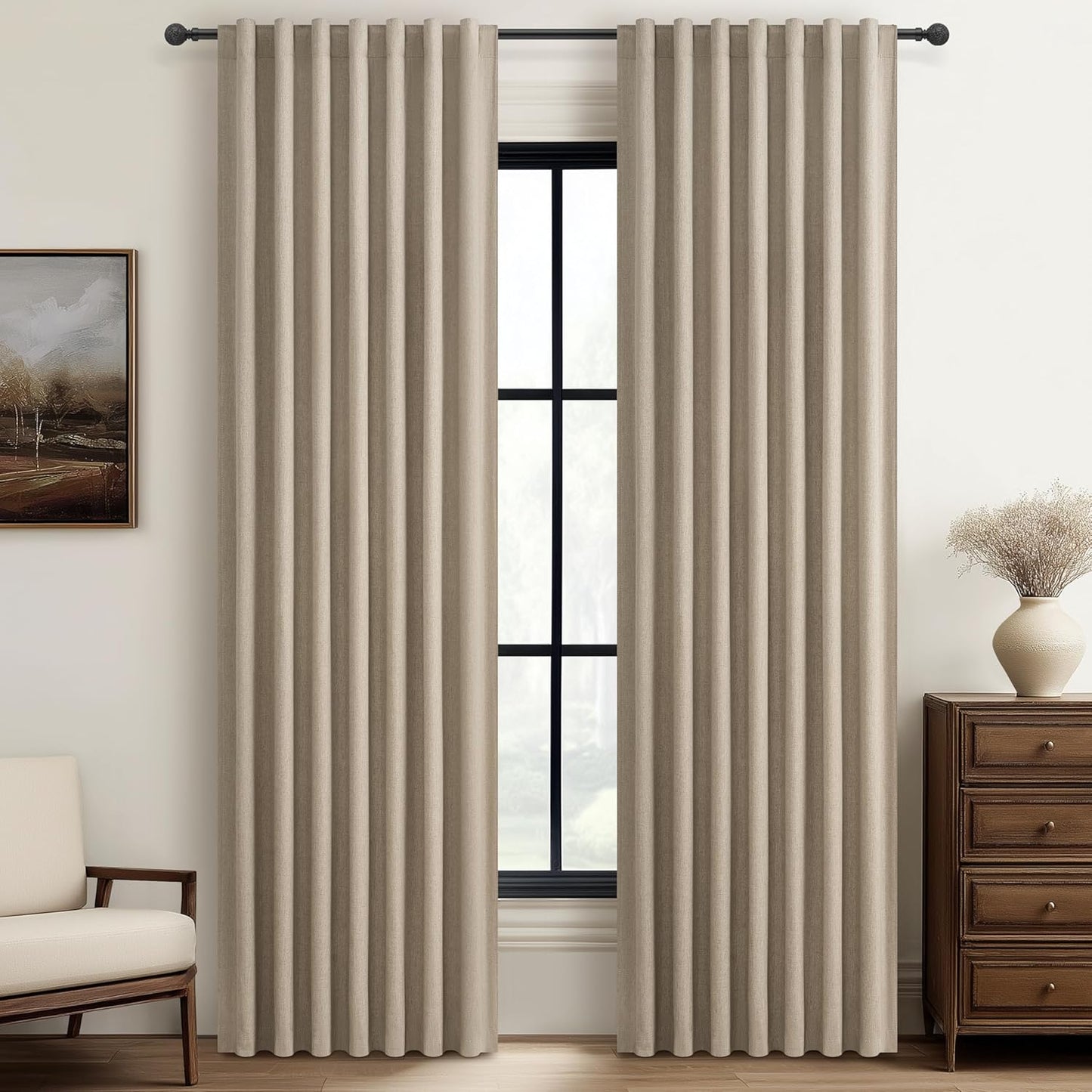 Natural Linen Blackout 92 Inch Bedroom Curtains 2 Panel Sets, Rustic Boho Cream Pleated Ceiling Track Curtain for Dining Room Heat Blocking Privacy Heavy Drape 92 Inches Long Oatmeal Back Tab