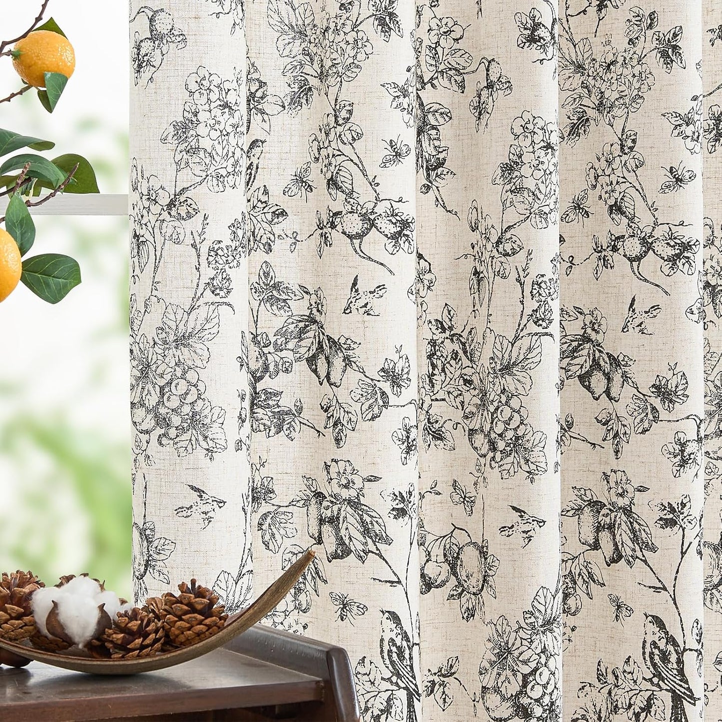 jinchan Blackout Linen Blend Curtain Floral Blackout Curtains for Living Room 84 Inch Length Black Printed with Lined Blackout Curtain for Bedroom Farmhouse Curtains Set 2 Panels