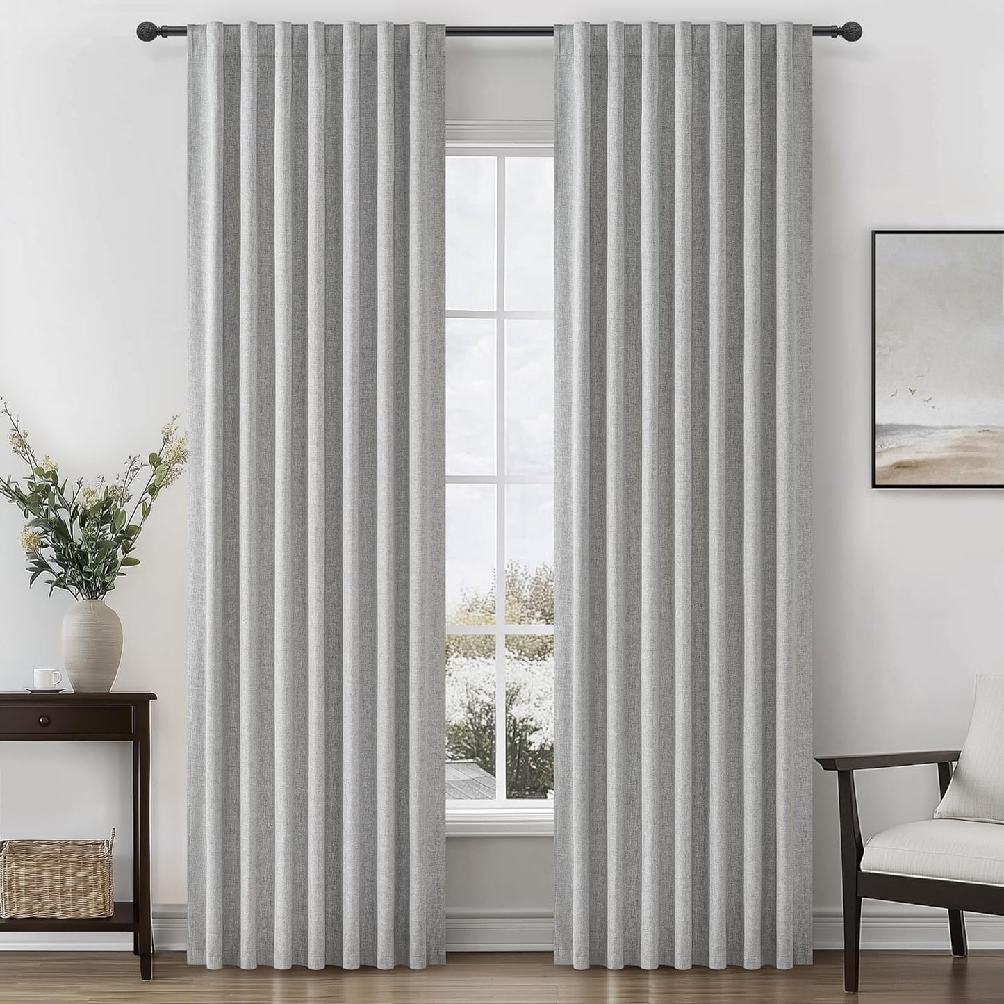Natural Linen Blackout 92 Inch Bedroom Curtains 2 Panel Sets, Rustic Boho Cream Pleated Ceiling Track Curtain for Dining Room Heat Blocking Privacy Heavy Drape 92 Inches Long Oatmeal Back Tab