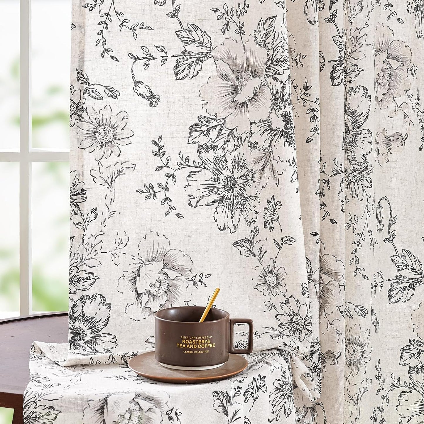 jinchan Blackout Linen Blend Curtain Floral Blackout Curtains for Living Room 84 Inch Length Black Printed with Lined Blackout Curtain for Bedroom Farmhouse Curtains Set 2 Panels