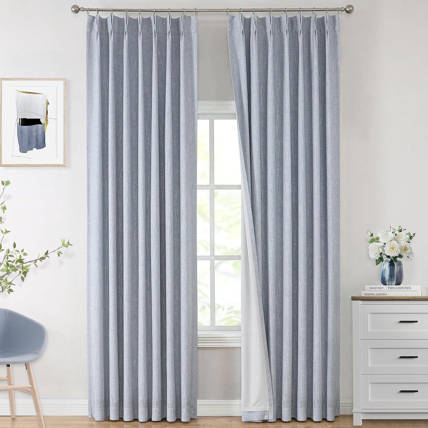 Vision Home Natural Full Blackout Curtains Linen Blended Darkening Window Curtains 84 inch for Living Room Bedroom Thermal Insulated Pinch Pleat Drapes with Hooks 2 Panel 40"Wx84"L