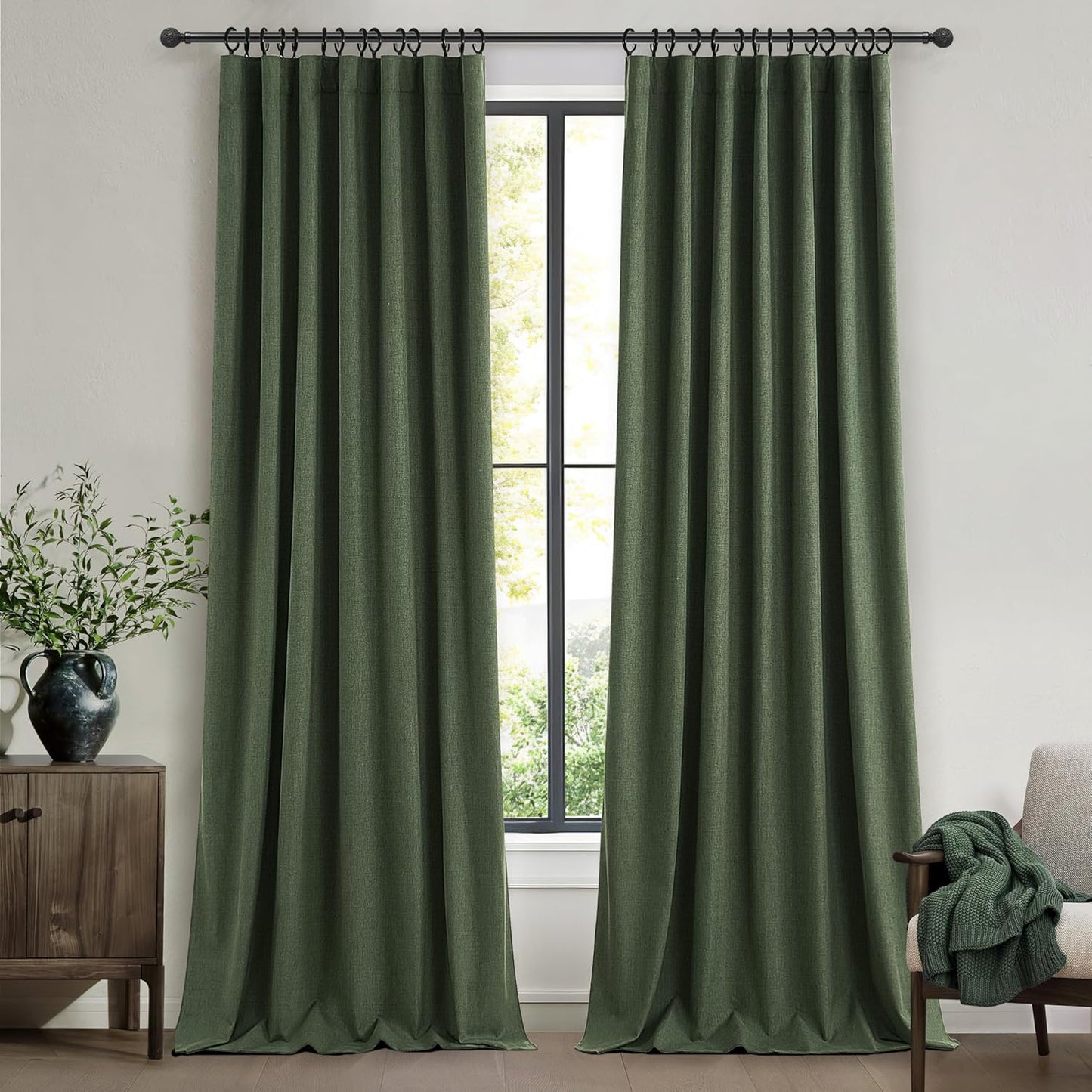 Natural Linen Blackout 92 Inch Bedroom Curtains 2 Panel Sets, Rustic Boho Cream Pleated Ceiling Track Curtain for Dining Room Heat Blocking Privacy Heavy Drape 92 Inches Long Oatmeal Back Tab