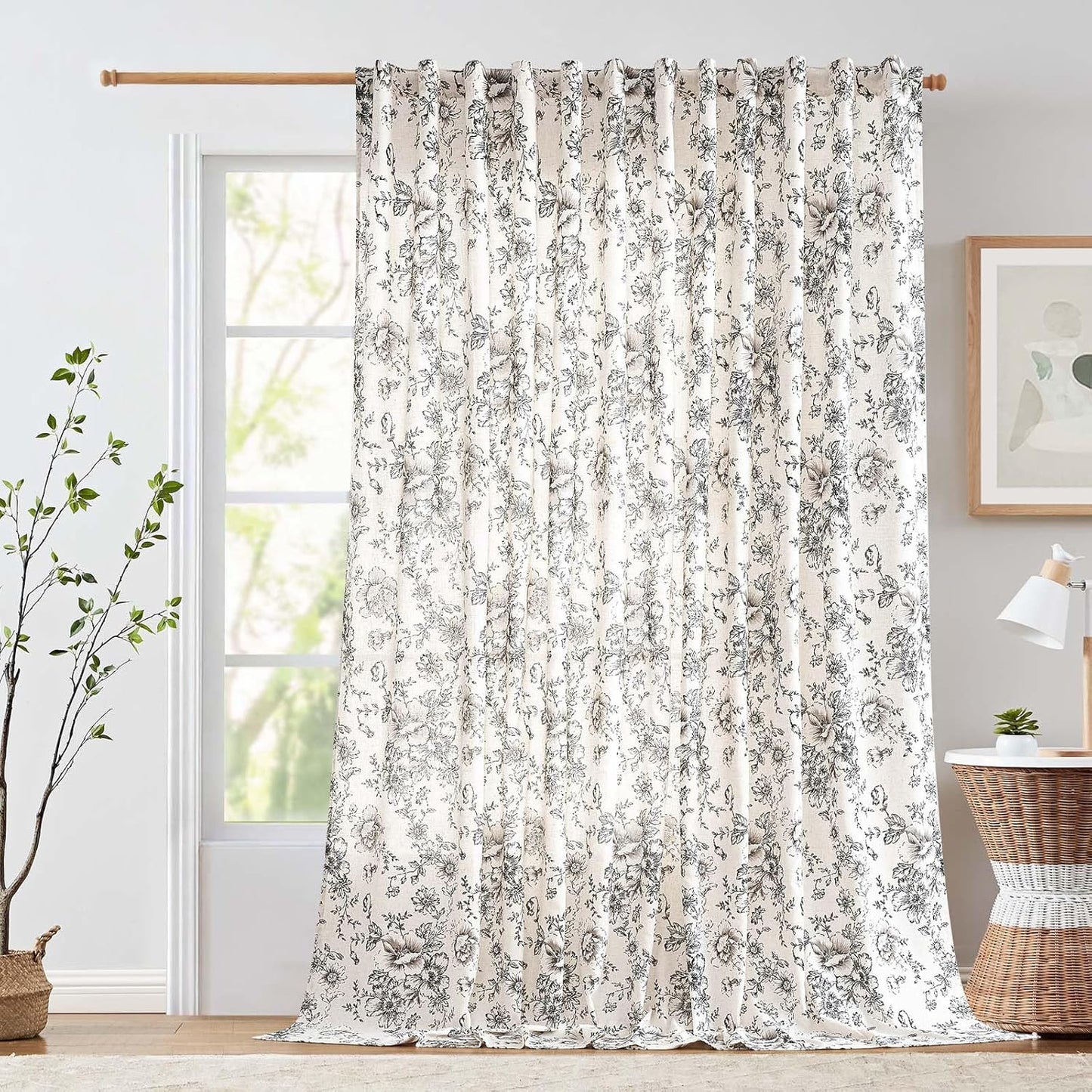 jinchan Blackout Linen Blend Curtain Floral Blackout Curtains for Living Room 84 Inch Length Black Printed with Lined Blackout Curtain for Bedroom Farmhouse Curtains Set 2 Panels