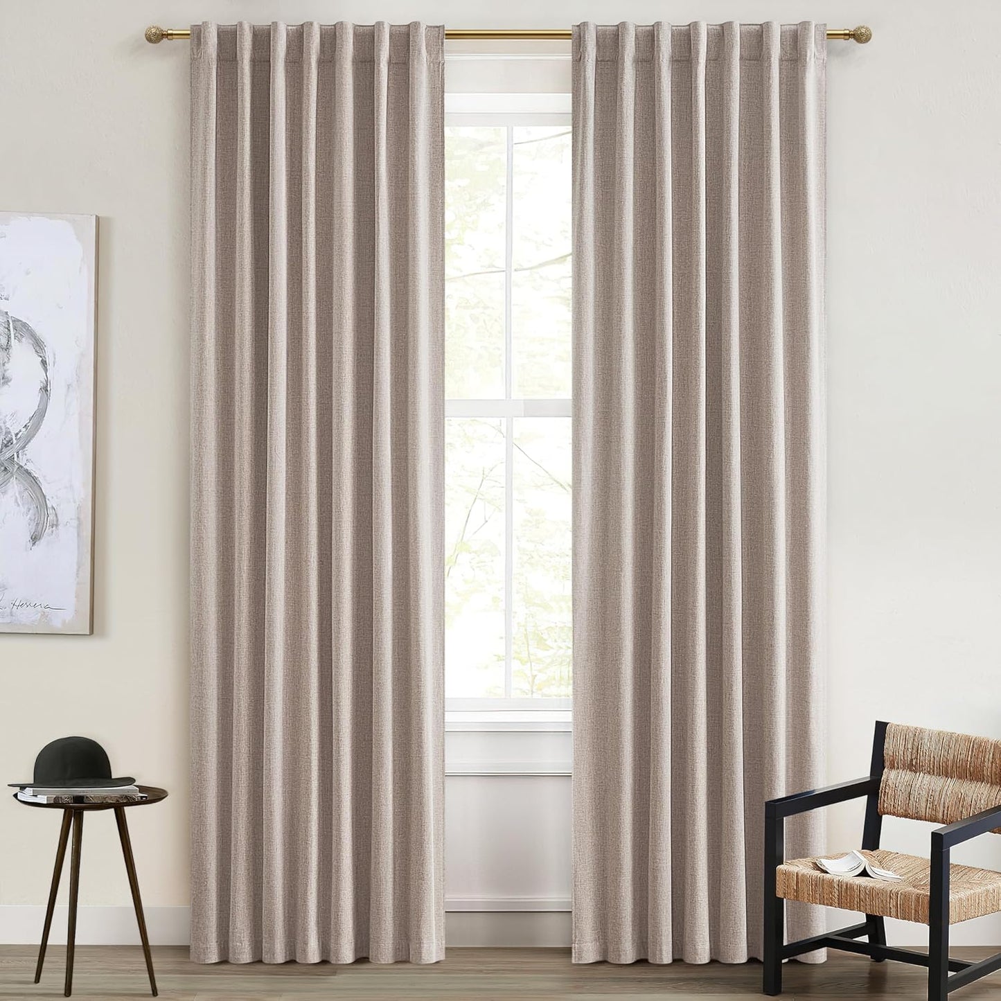 Natural Linen Blackout 92 Inch Bedroom Curtains 2 Panel Sets, Rustic Boho Cream Pleated Ceiling Track Curtain for Dining Room Heat Blocking Privacy Heavy Drape 92 Inches Long Oatmeal Back Tab