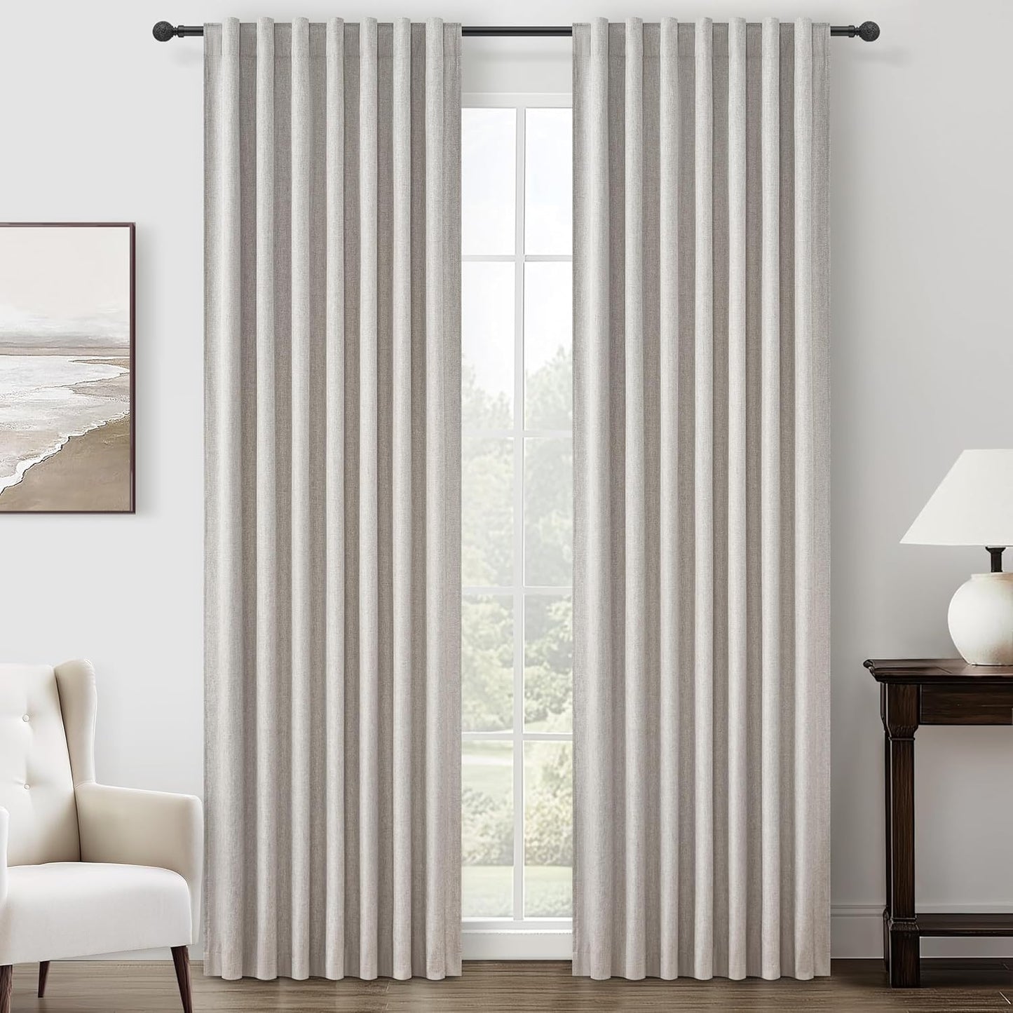 Natural Linen Blackout 92 Inch Bedroom Curtains 2 Panel Sets, Rustic Boho Cream Pleated Ceiling Track Curtain for Dining Room Heat Blocking Privacy Heavy Drape 92 Inches Long Oatmeal Back Tab