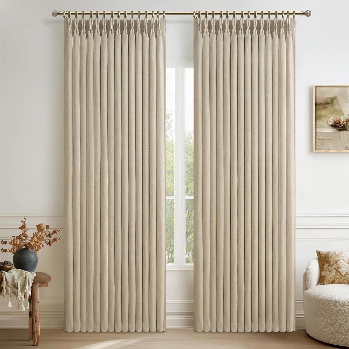100% Blackout Linen 96 Inch Curtains 2 Panel Set for Bedroom, Modern Pinch Pleated Natural Linen Off Beige White Insulated Heavy Curtain 40 x 96 Inches Length Sliding Glass Door Room Darkening Drapes