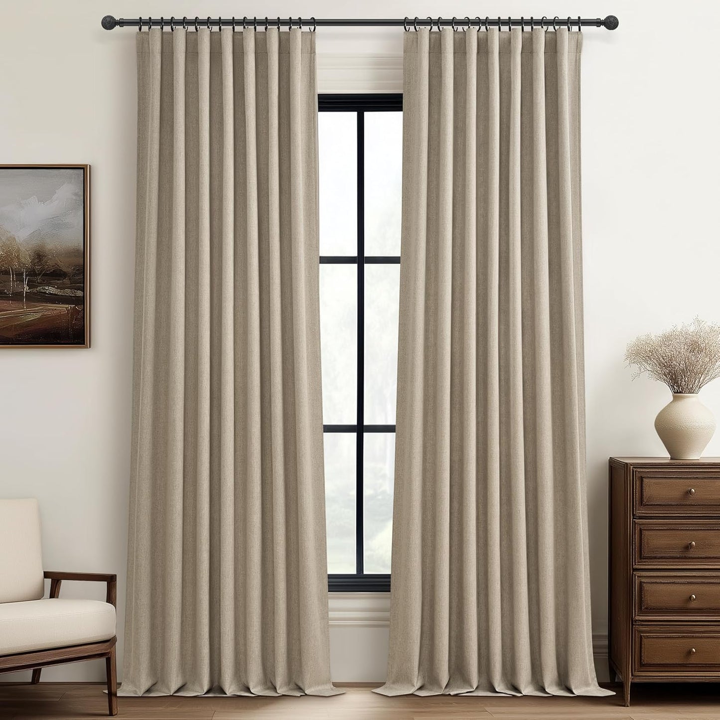 Natural Linen Blackout 92 Inch Bedroom Curtains 2 Panel Sets, Rustic Boho Cream Pleated Ceiling Track Curtain for Dining Room Heat Blocking Privacy Heavy Drape 92 Inches Long Oatmeal Back Tab